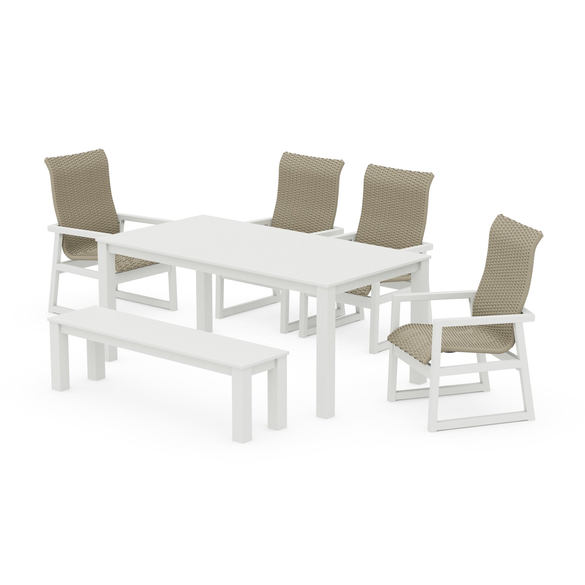 POLYWOOD EDGE Woven Highback 6-Piece Parsons Dining Set with Bench — Vintage White / Dune Grass