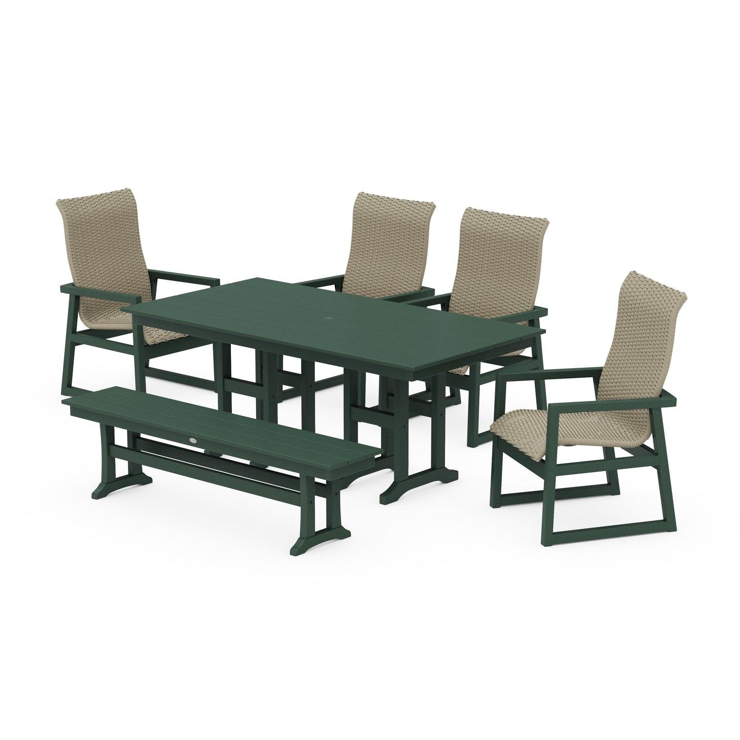 POLYWOOD EDGE Woven Highback 6-Piece Farmhouse Dining Set with Bench — Green / Dune Grass