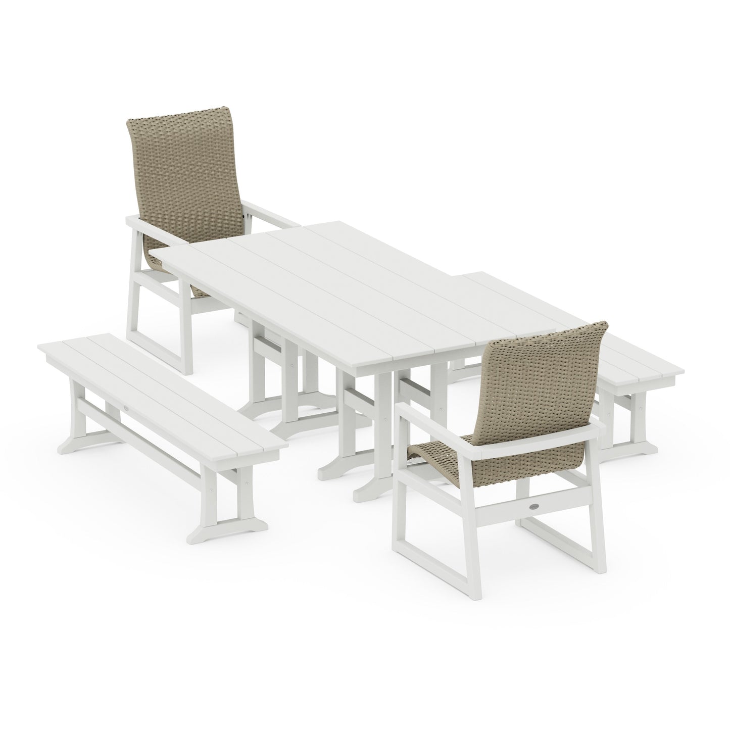 POLYWOOD EDGE Woven Highback 5-Piece Farmhouse Dining Set with Benches — Vintage White / Dune Grass
