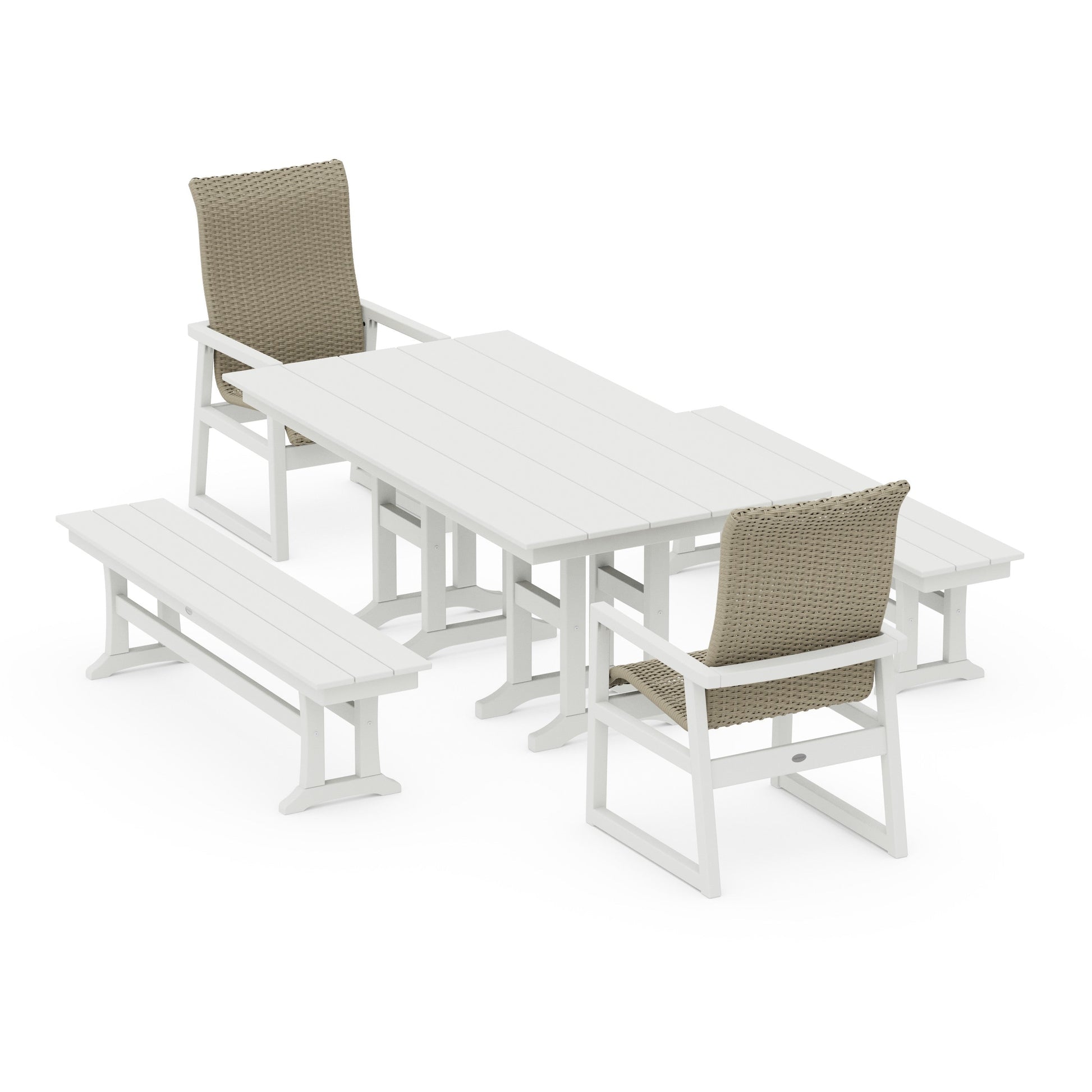 POLYWOOD EDGE Woven Highback 5-Piece Farmhouse Dining Set with Benches — Vintage White / Dune Grass