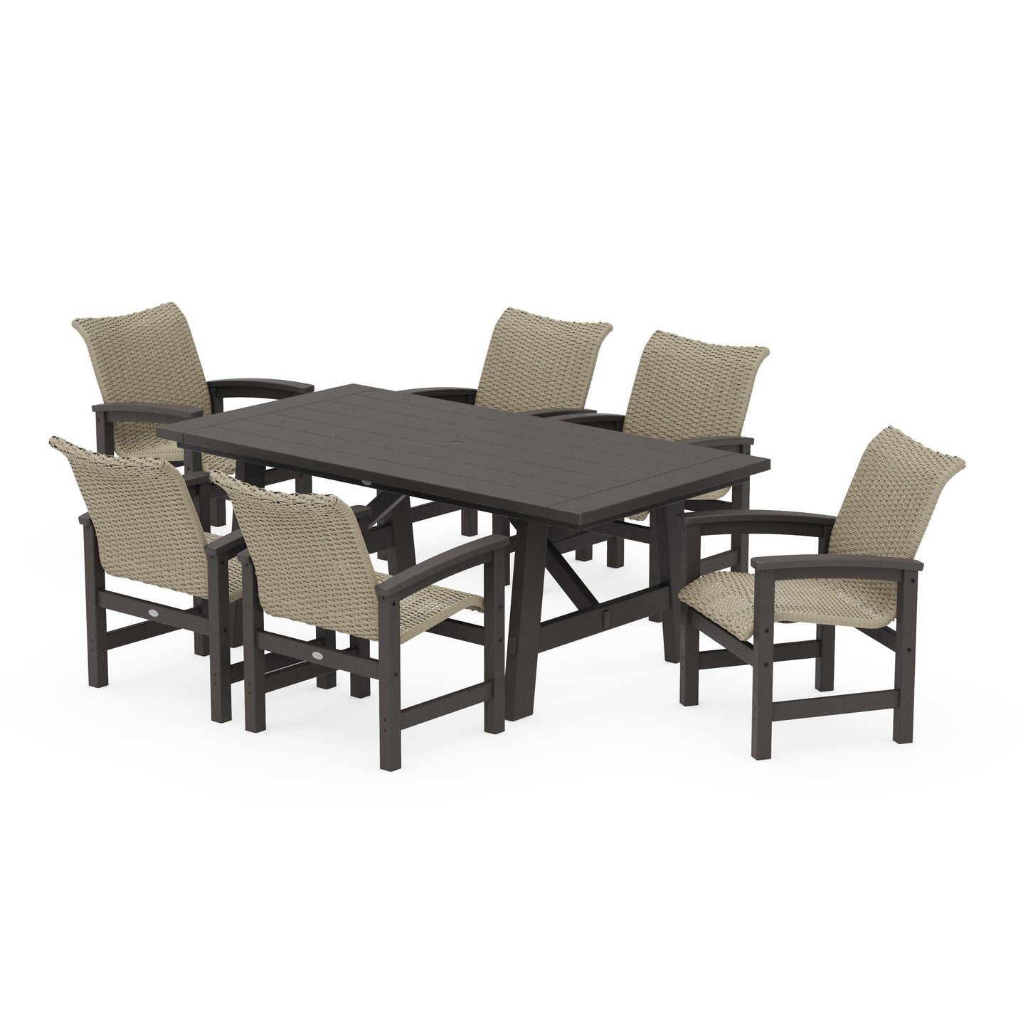 POLYWOOD Coastal Woven Arm Chair 7-Piece Rustic Farmhouse Dining Set — Vintage Coffee / Dune Grass