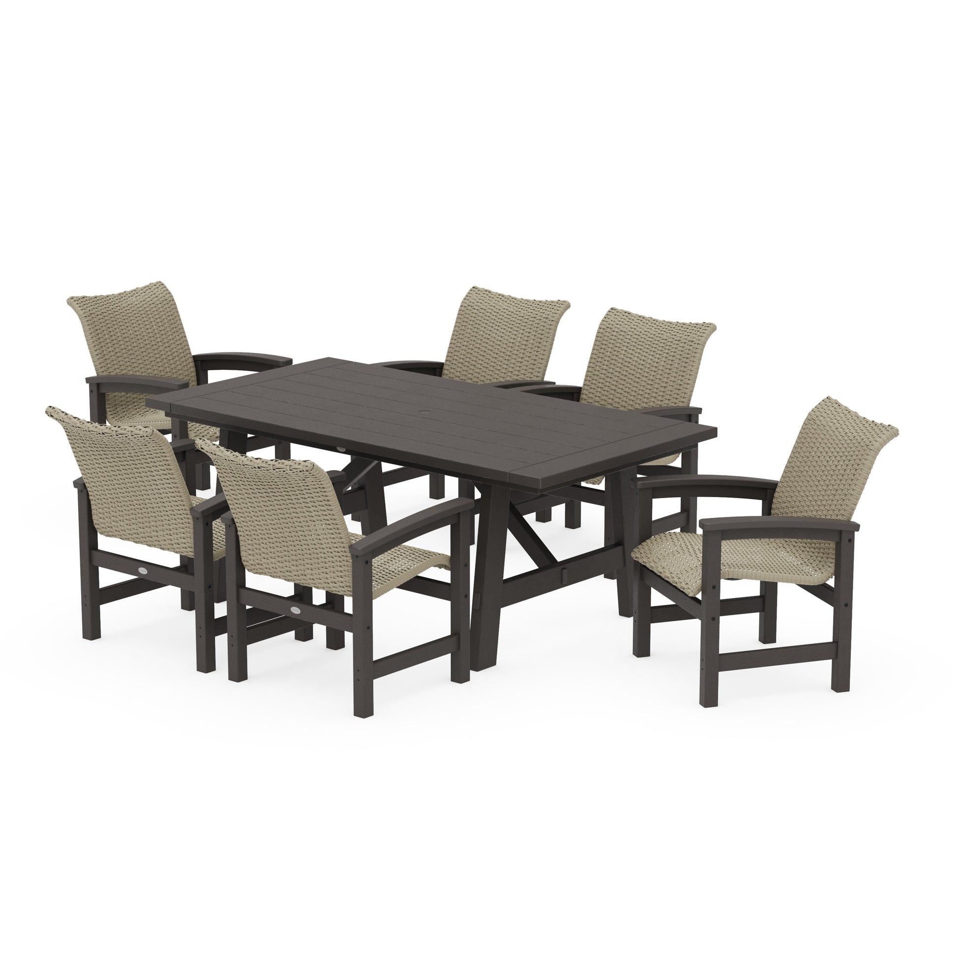 POLYWOOD Coastal Woven Arm Chair 7-Piece Rustic Farmhouse Dining Set — Vintage Coffee / Dune Grass