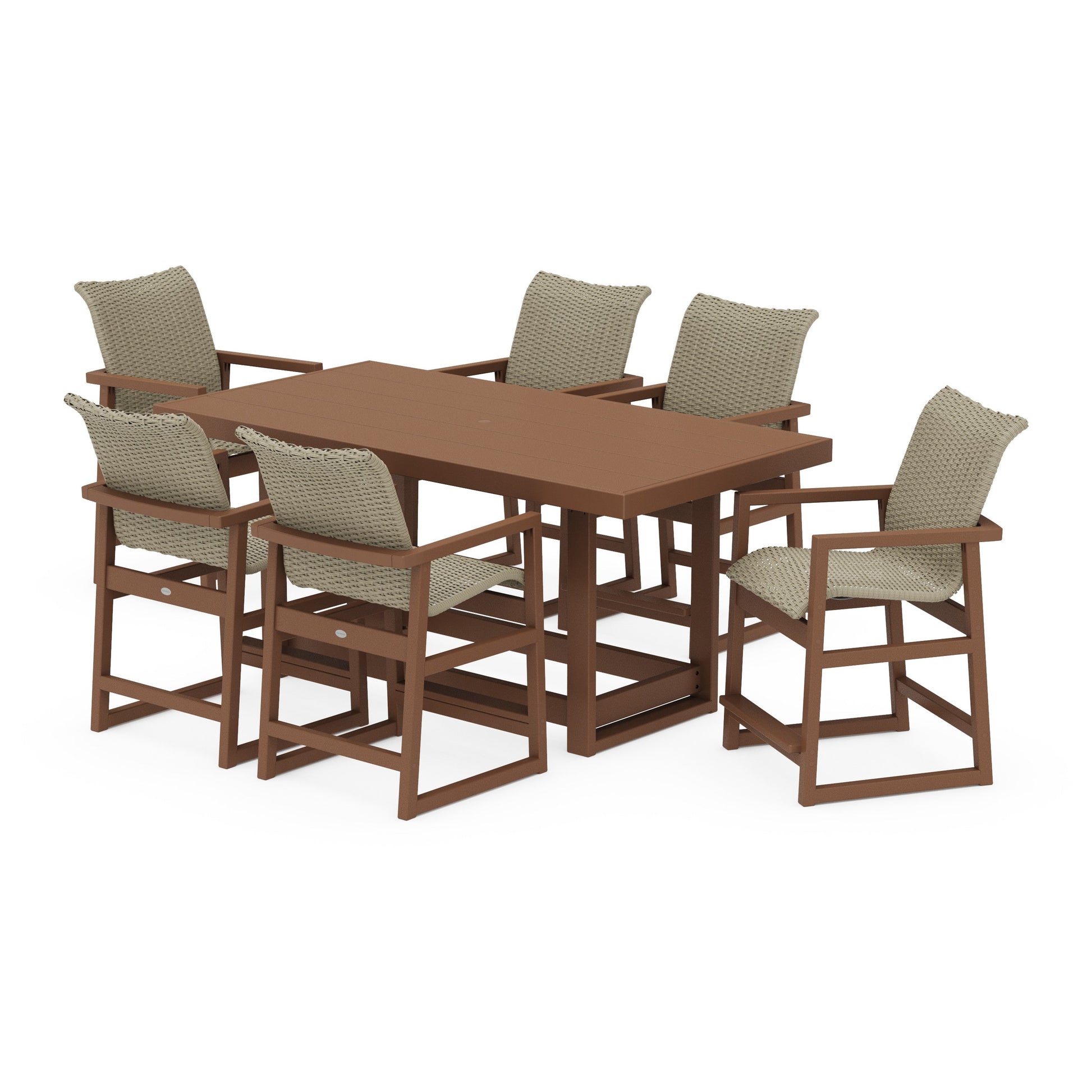 POLYWOOD EDGE Woven Arm Chair 7-Piece Counter Set — Teak / Dune Grass