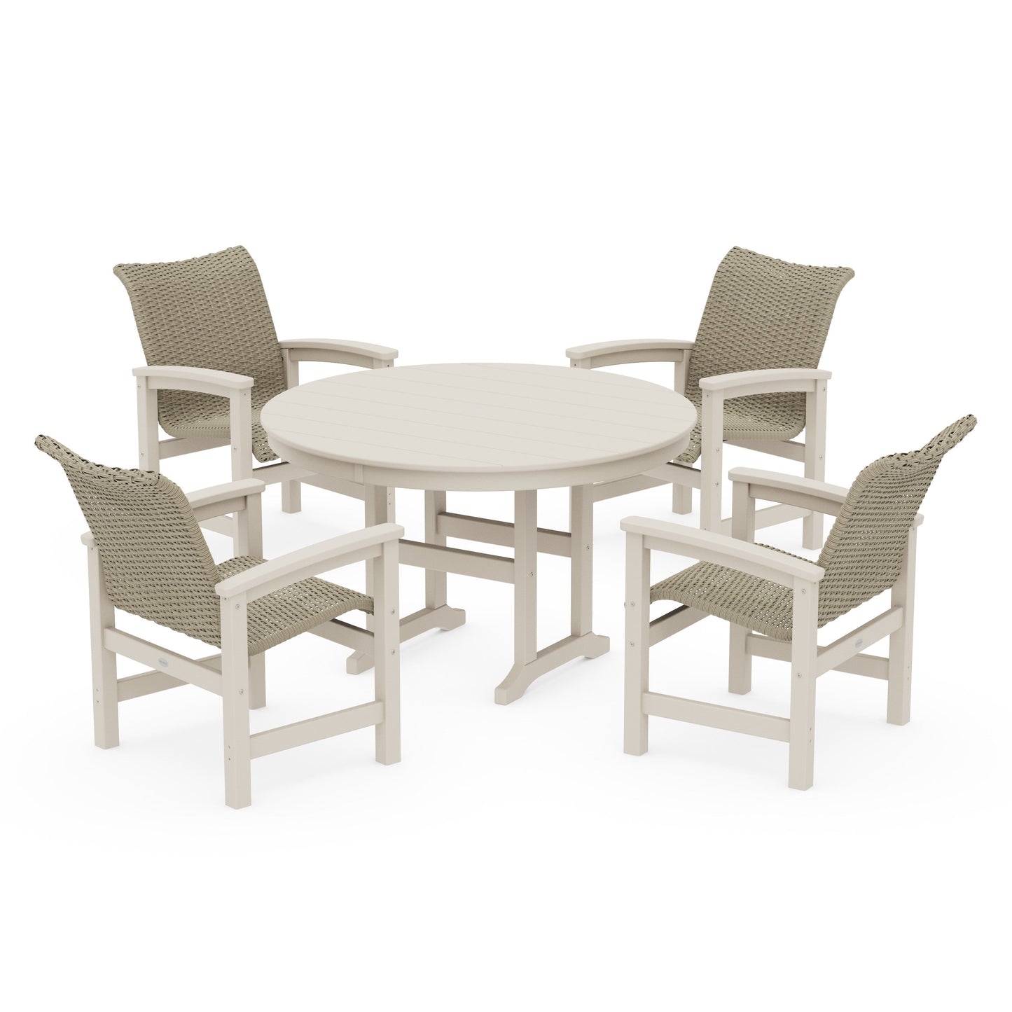 POLYWOOD Coastal Woven 5-Piece Round Farmhouse Dining Set — Sand / Dune Grass