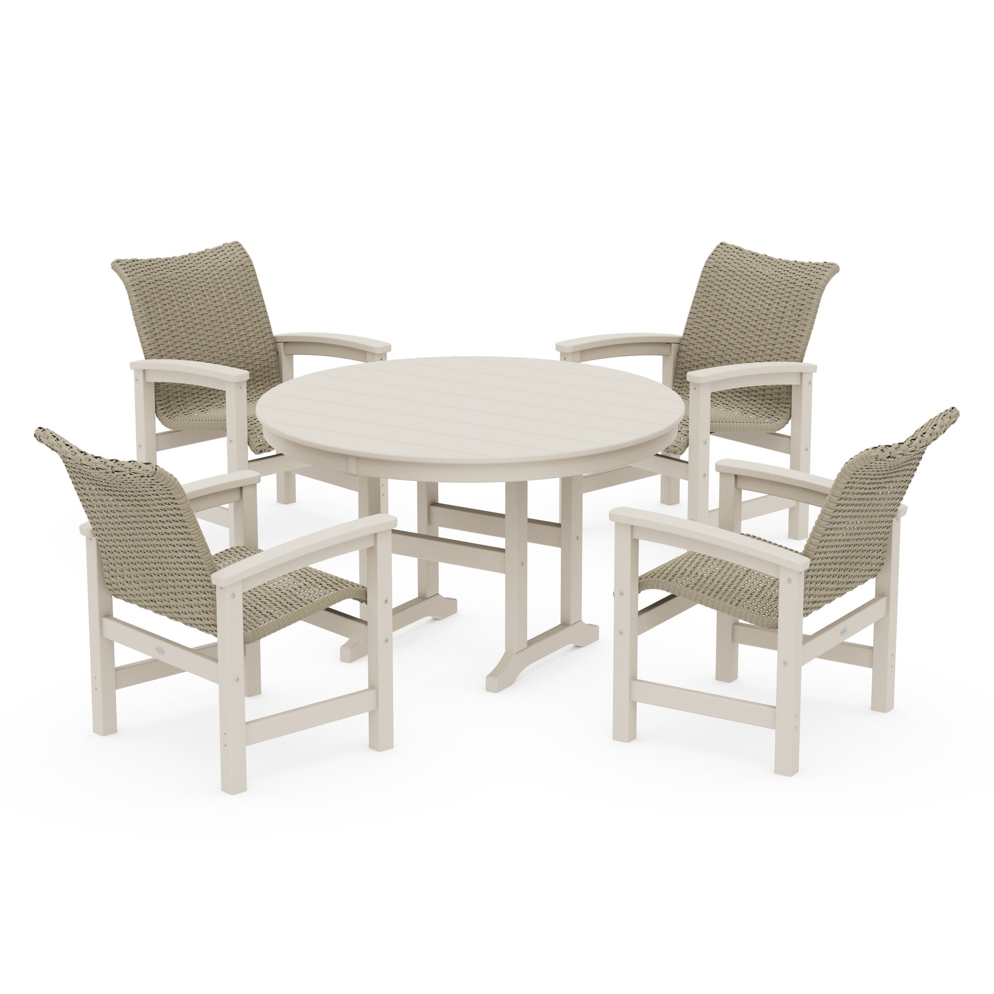 POLYWOOD Coastal Woven 5-Piece Round Farmhouse Dining Set — Sand / Dune Grass
