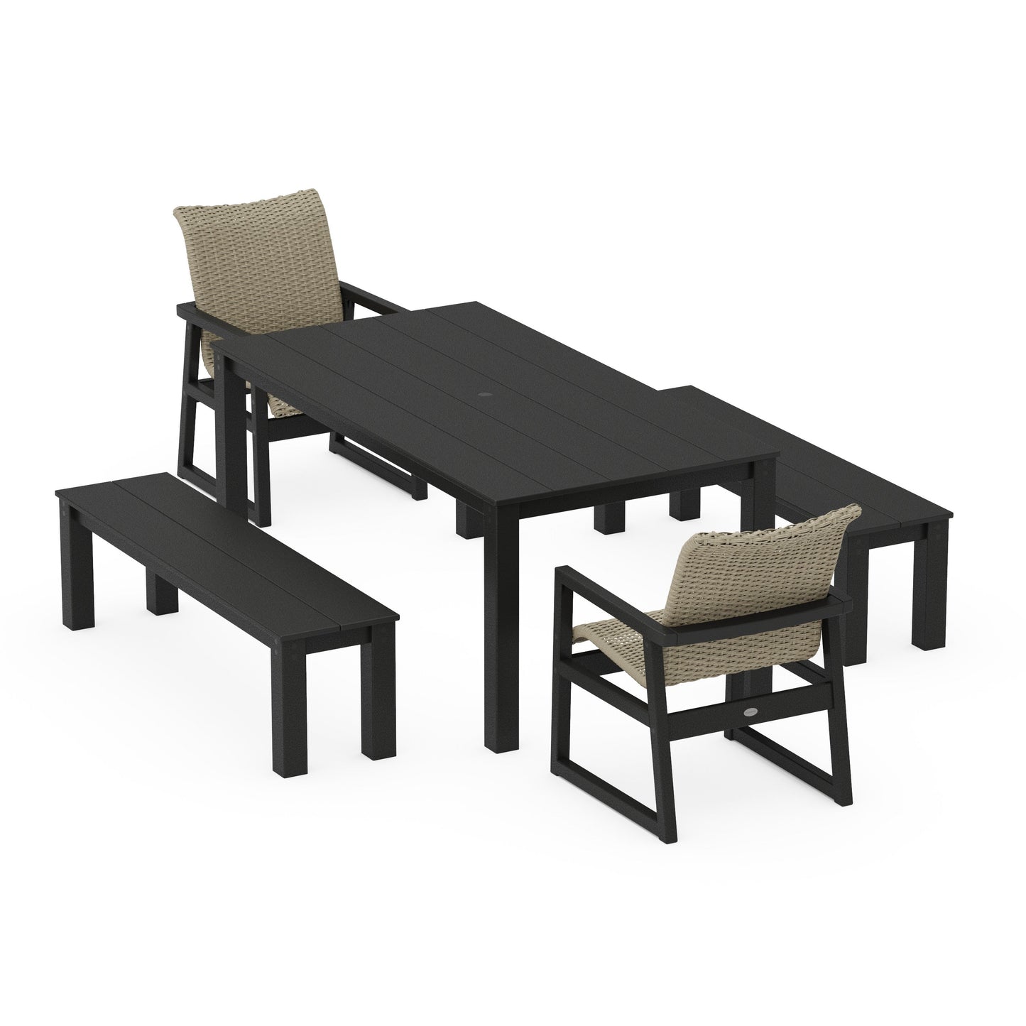 POLYWOOD EDGE Woven 5-Piece Parsons Dining Set with Benches — Black / Dune Grass
