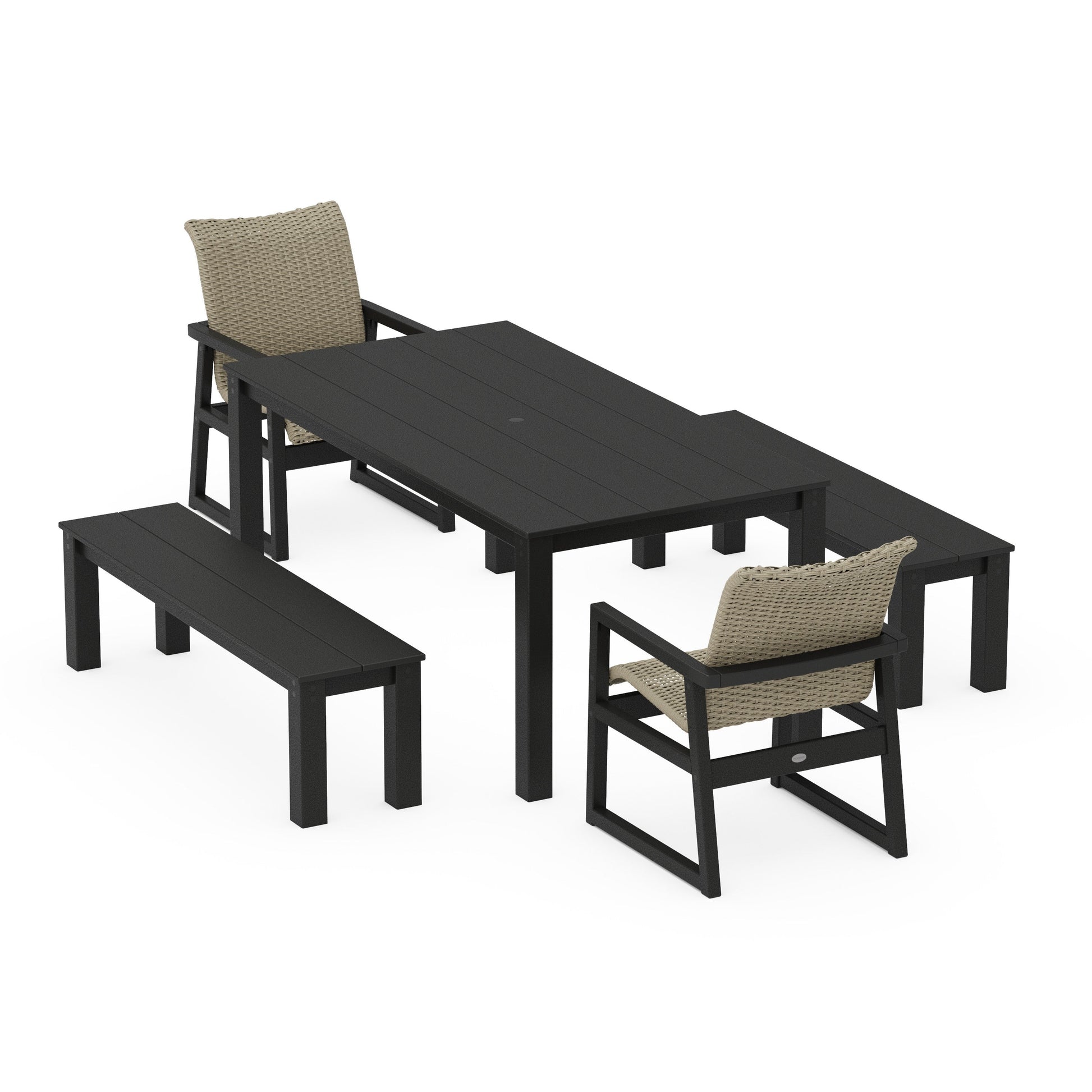 POLYWOOD EDGE Woven 5-Piece Parsons Dining Set with Benches — Black / Dune Grass