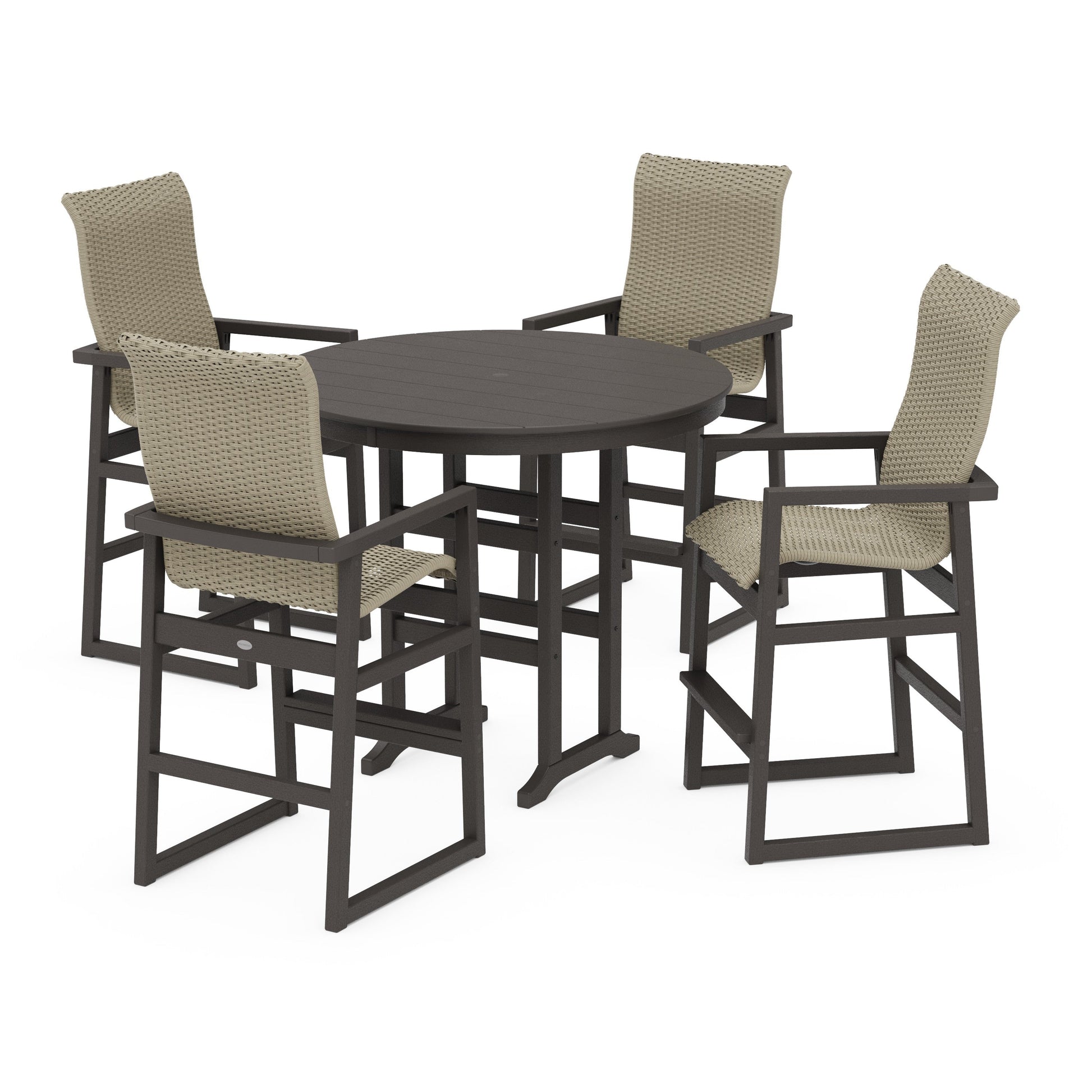 POLYWOOD EDGE Woven Highback 5-Piece Round Farmhouse Bar Set — Vintage Coffee / Dune Grass