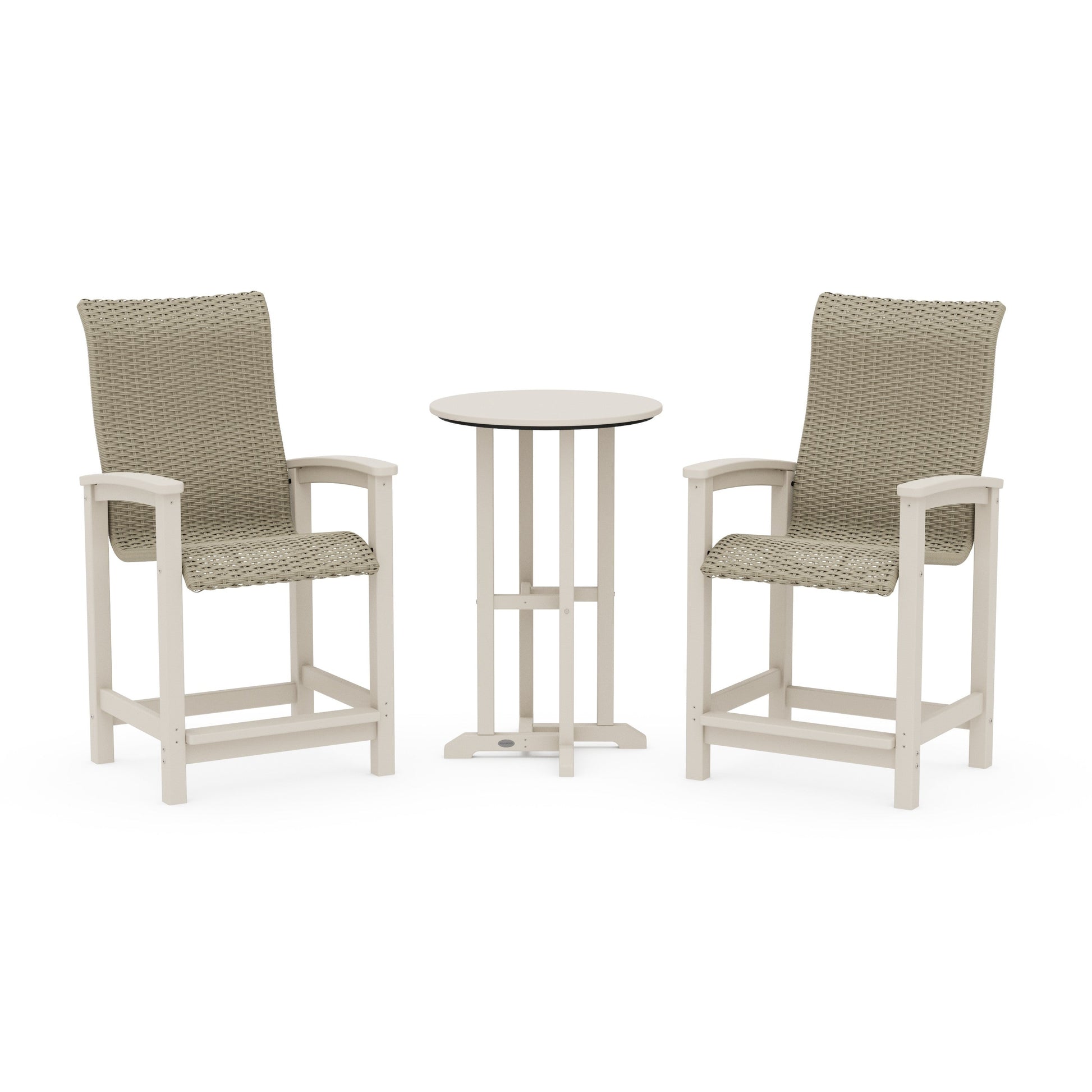 POLYWOOD Coastal Woven High-Back 3-Piece Farmhouse Counter Set — Sand / Dune Grass
