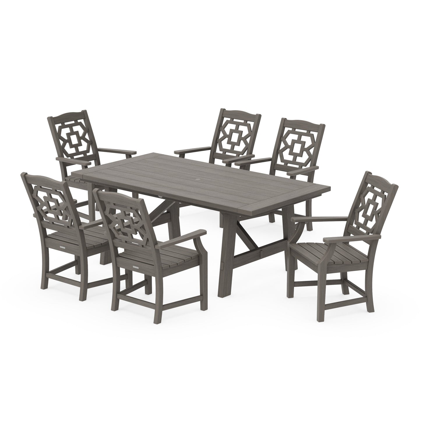 POLYWOOD Chinoiserie Arm Chair 7-Piece Rustic Farmhouse Dining Set — Driftwood