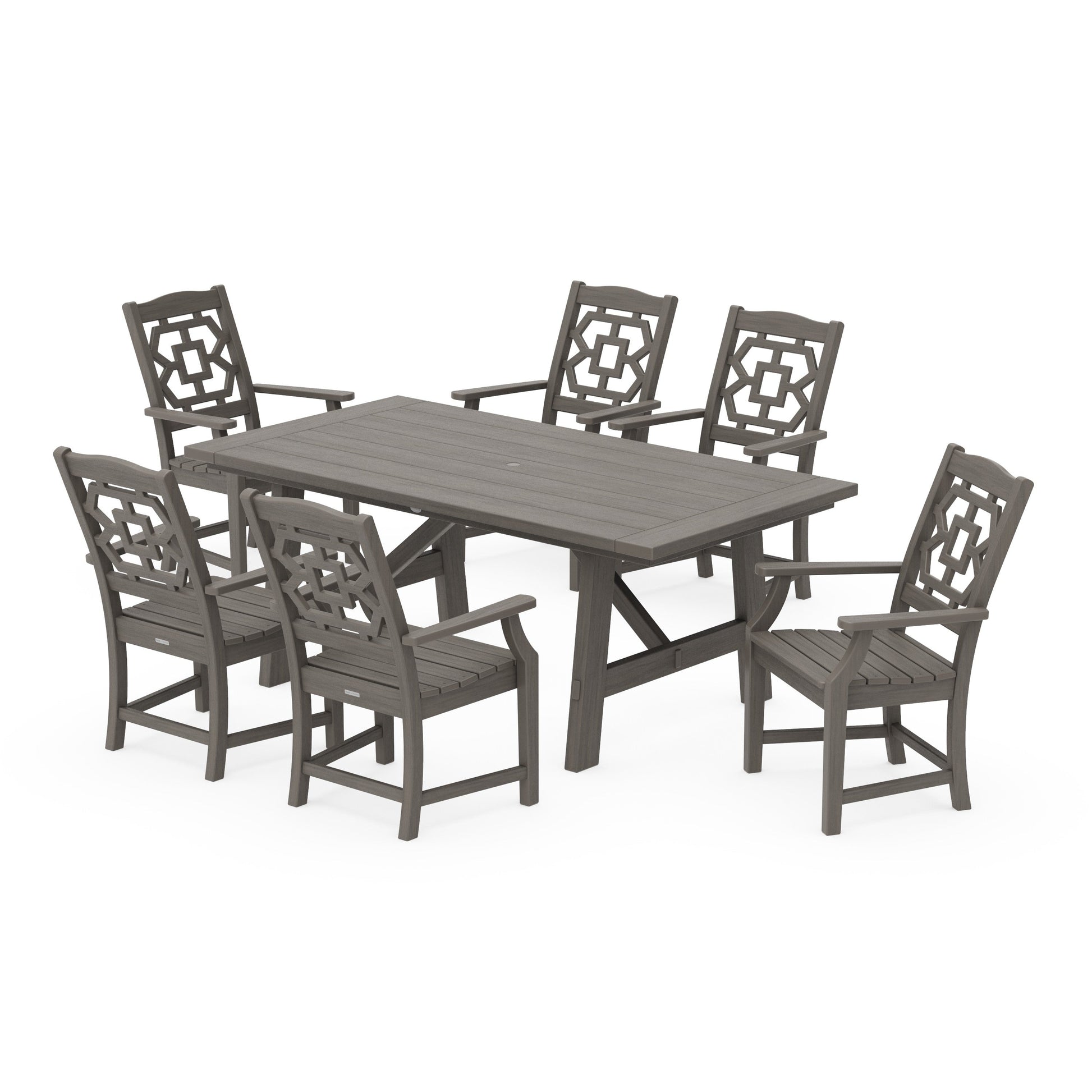 POLYWOOD Chinoiserie Arm Chair 7-Piece Rustic Farmhouse Dining Set — Driftwood