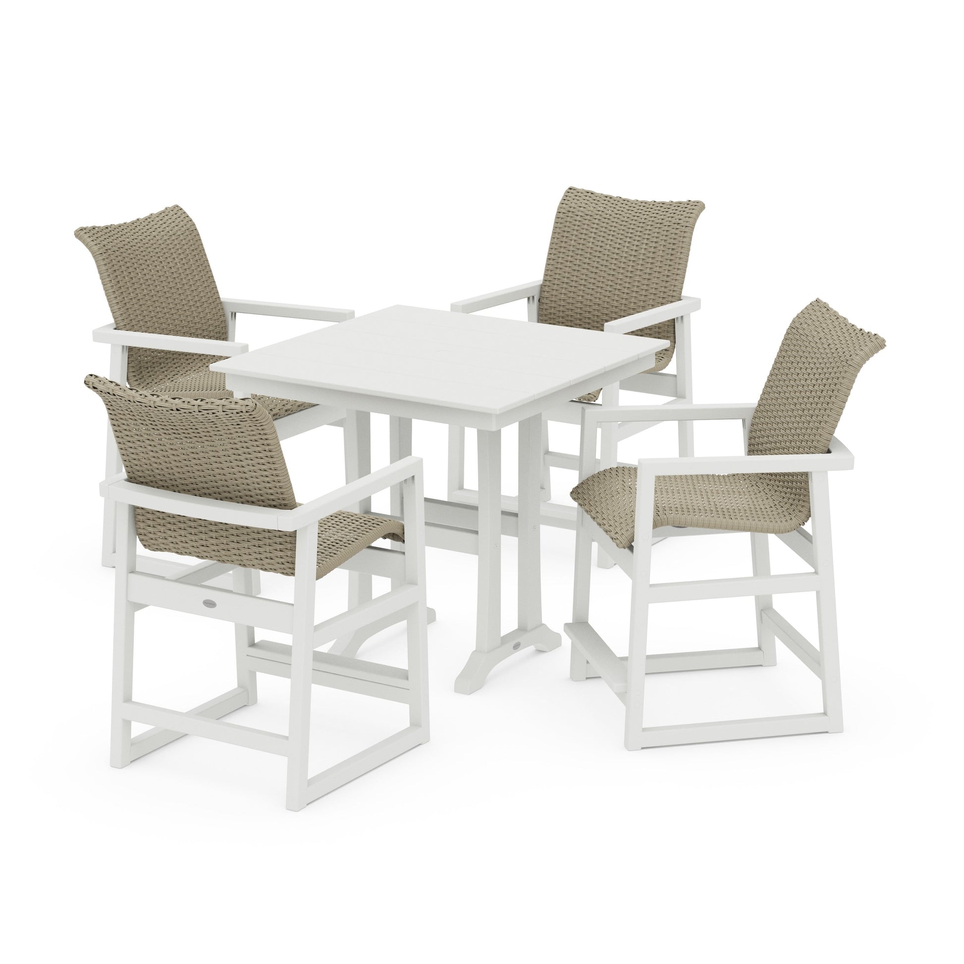 POLYWOOD EDGE Woven 5-Piece Farmhouse Counter Set with Trestle Legs — Vintage White / Dune Grass