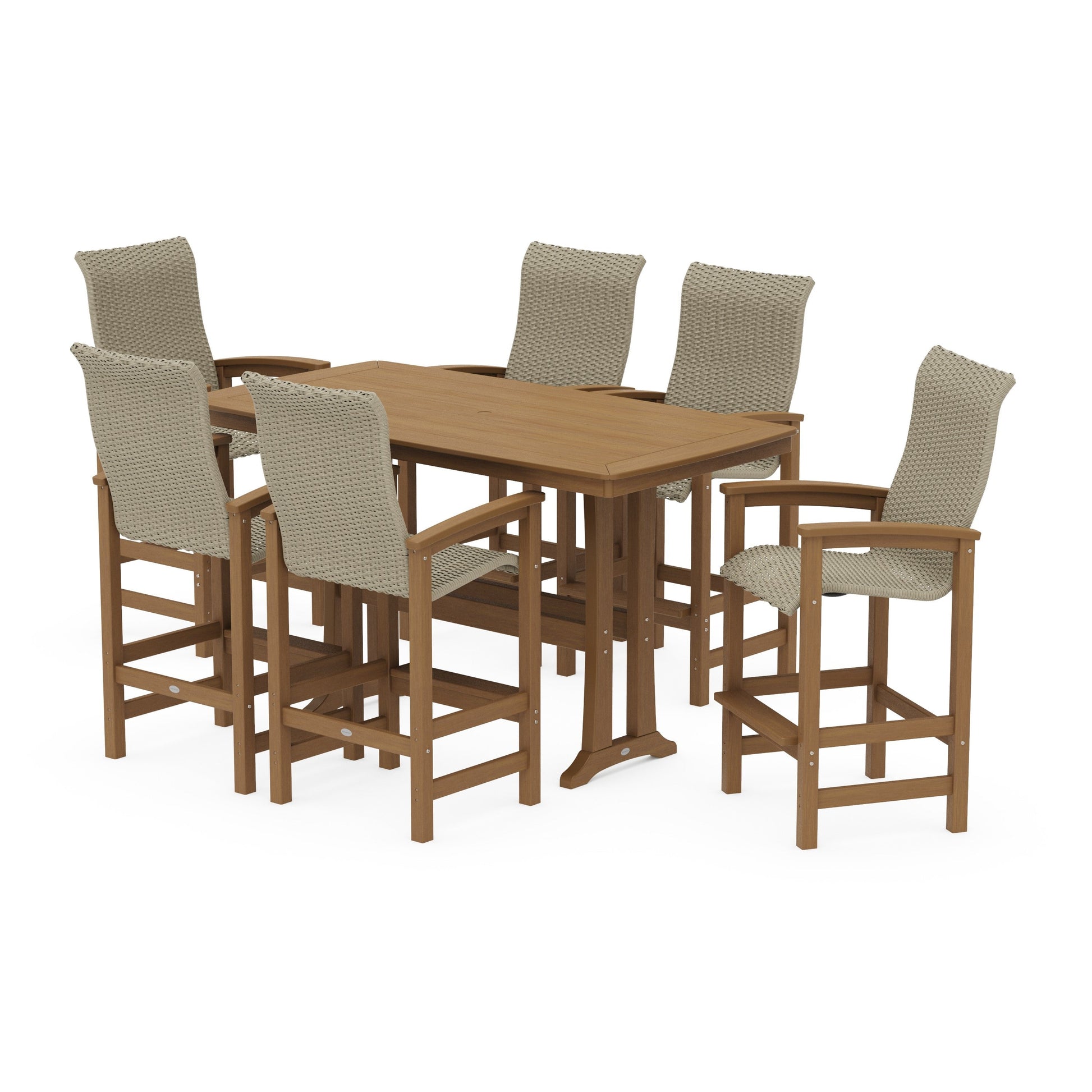 POLYWOOD Coastal Woven High-Back Arm Chair 7-Piece Bar Set with Trestle Legs — Natural / Dune Grass