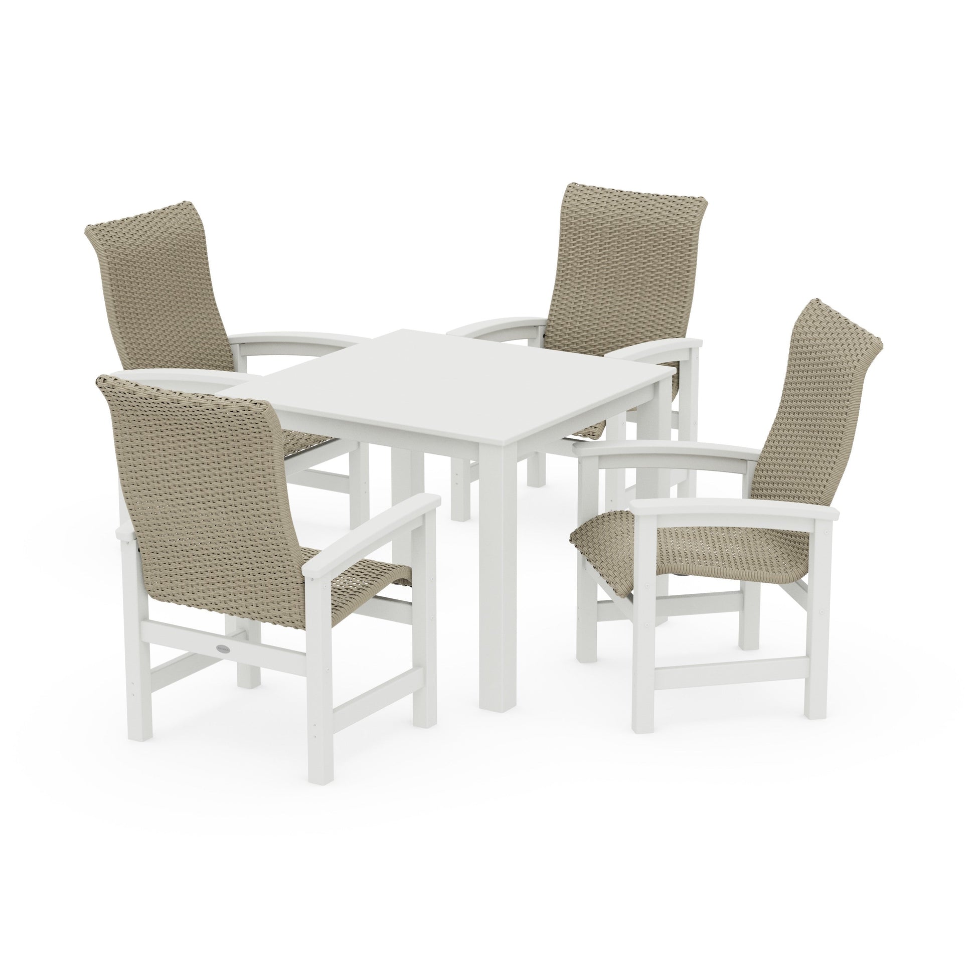 POLYWOOD Coastal Woven High-Back 5-Piece Parsons Dining Set — White / Dune Grass