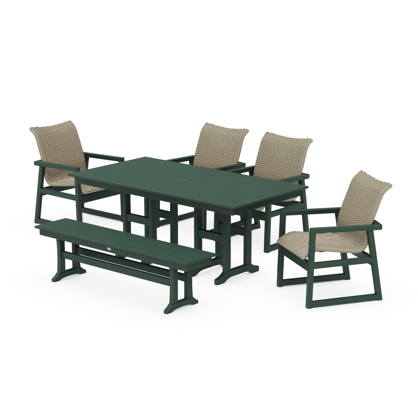 POLYWOOD EDGE Woven 6-Piece Farmhouse Dining Set with Bench — Green / Dune Grass