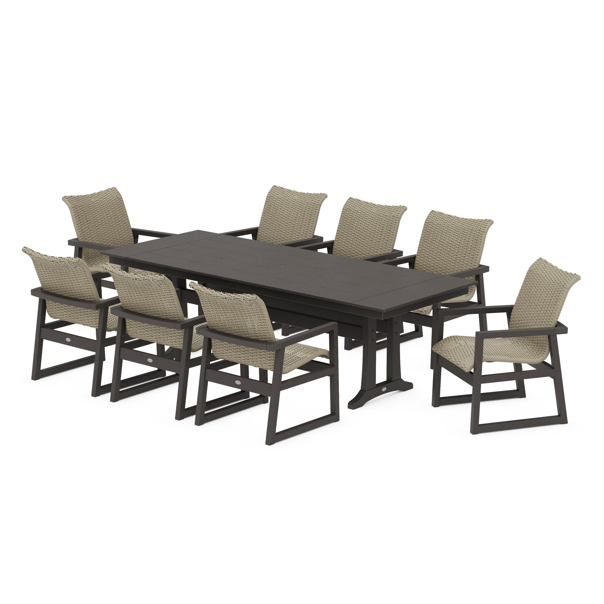 POLYWOOD EDGE Woven 9-Piece Farmhouse Dining Set with Trestle Legs — Vintage Coffee / Dune Grass