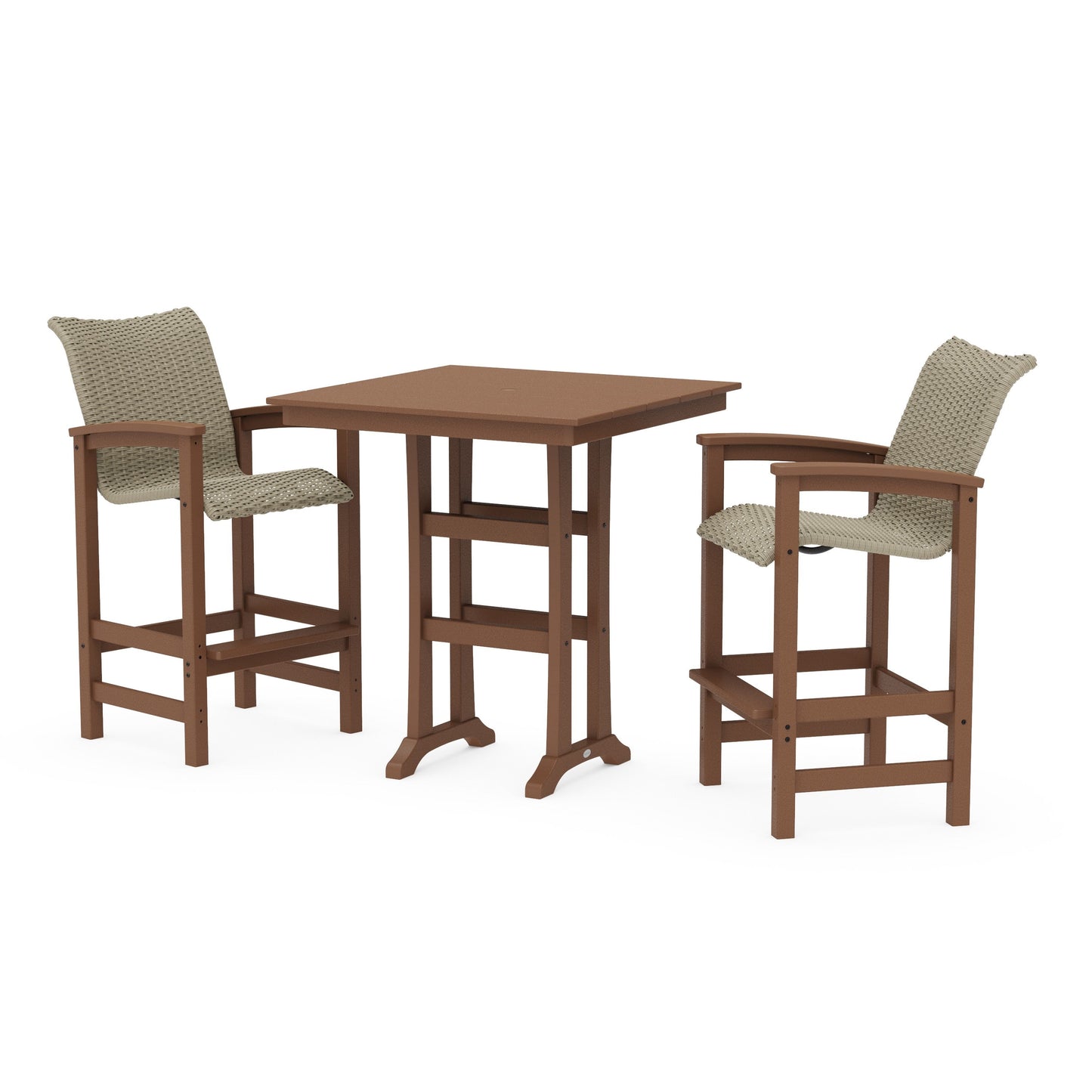 POLYWOOD Coastal Woven 3-Piece Farmhouse Bar Set with Trestle Legs — Teak / Dune Grass