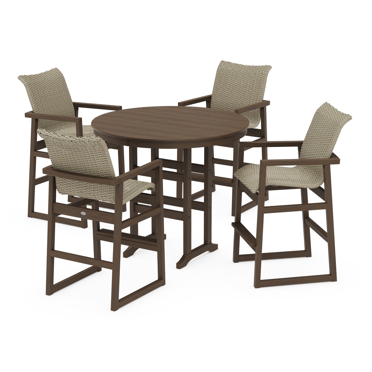 POLYWOOD EDGE Woven 5-Piece Round Farmhouse Bar Set — Kona / Dune Grass
