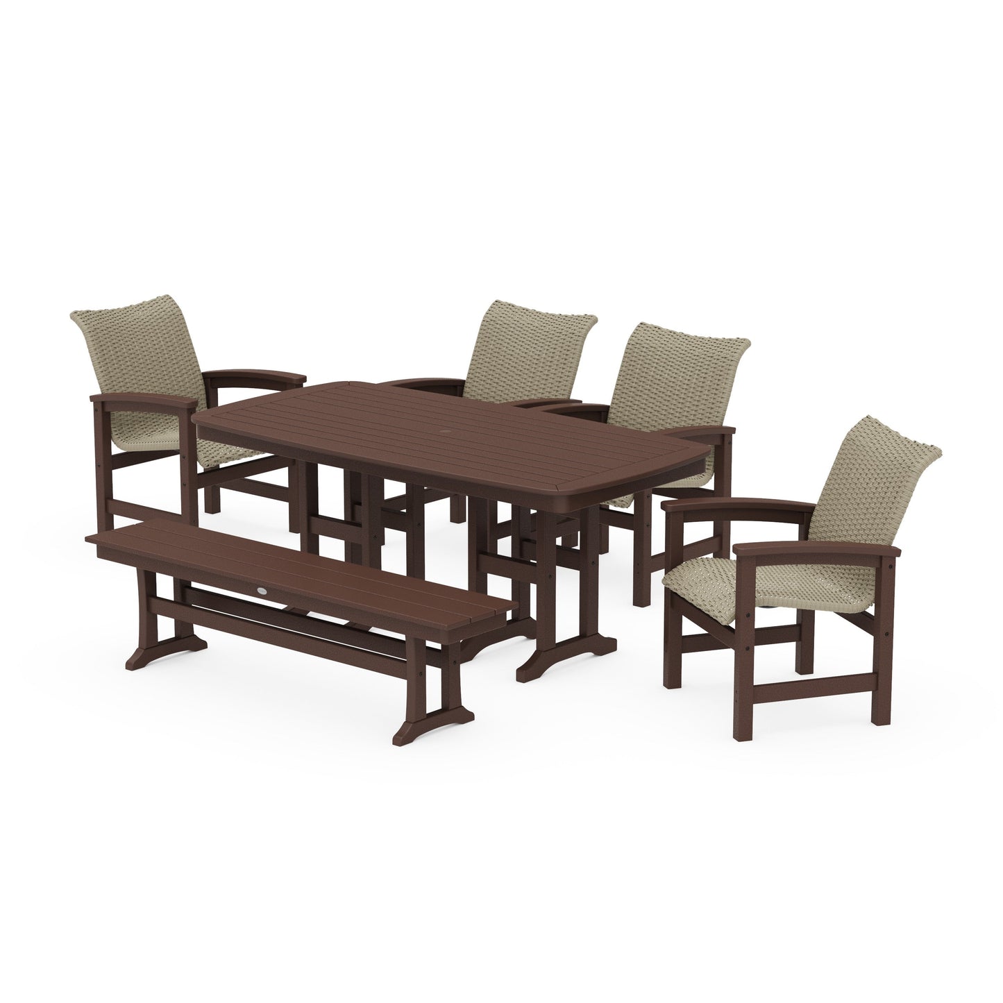 POLYWOOD Coastal Woven 6-Piece Farmhouse Dining Set with Bench — Mahogany / Dune Grass