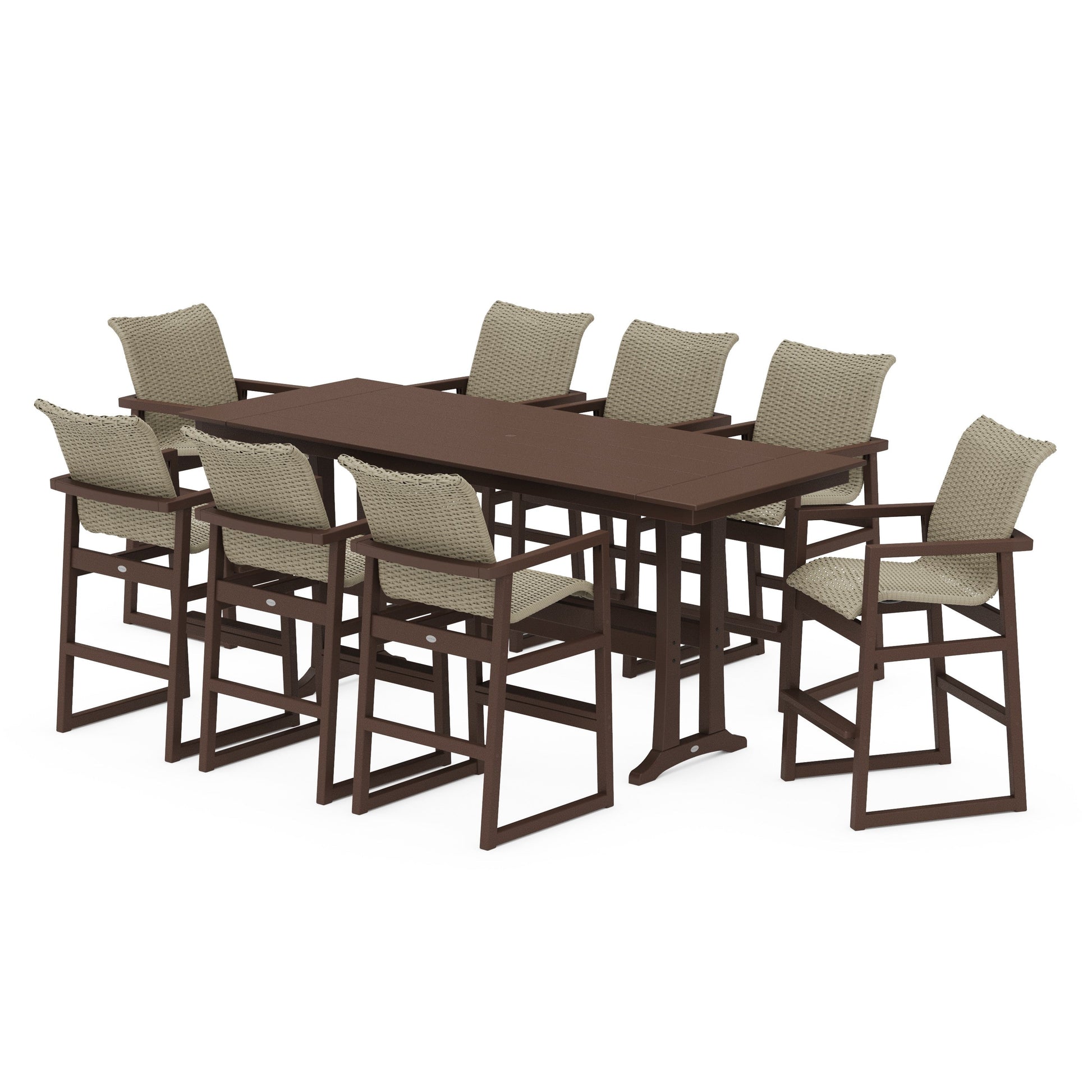 POLYWOOD EDGE Woven 9-Piece Farmhouse Bar Set with Trestle Legs — Mahogany / Dune Grass