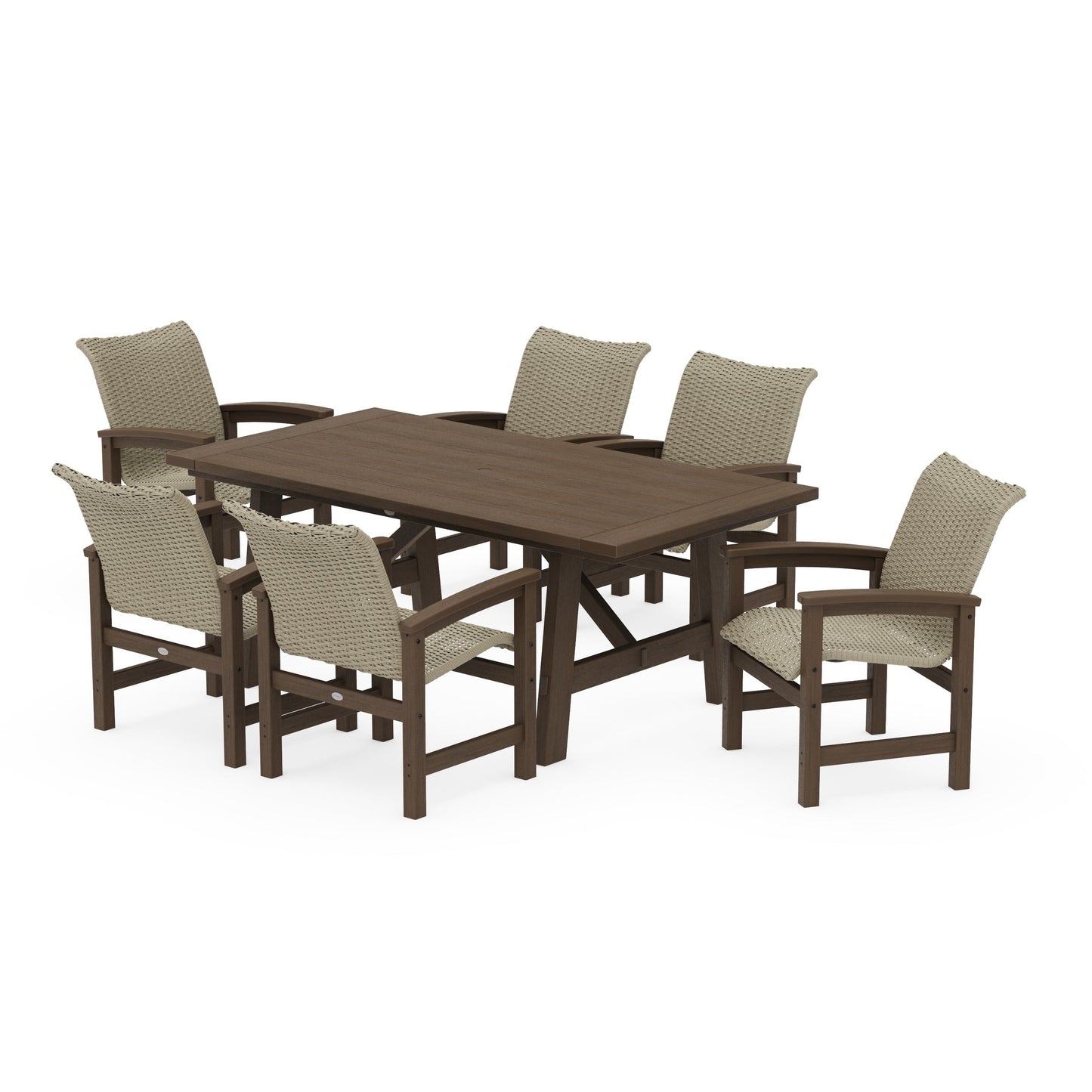POLYWOOD Coastal Woven Arm Chair 7-Piece Rustic Farmhouse Dining Set — Kona / Dune Grass