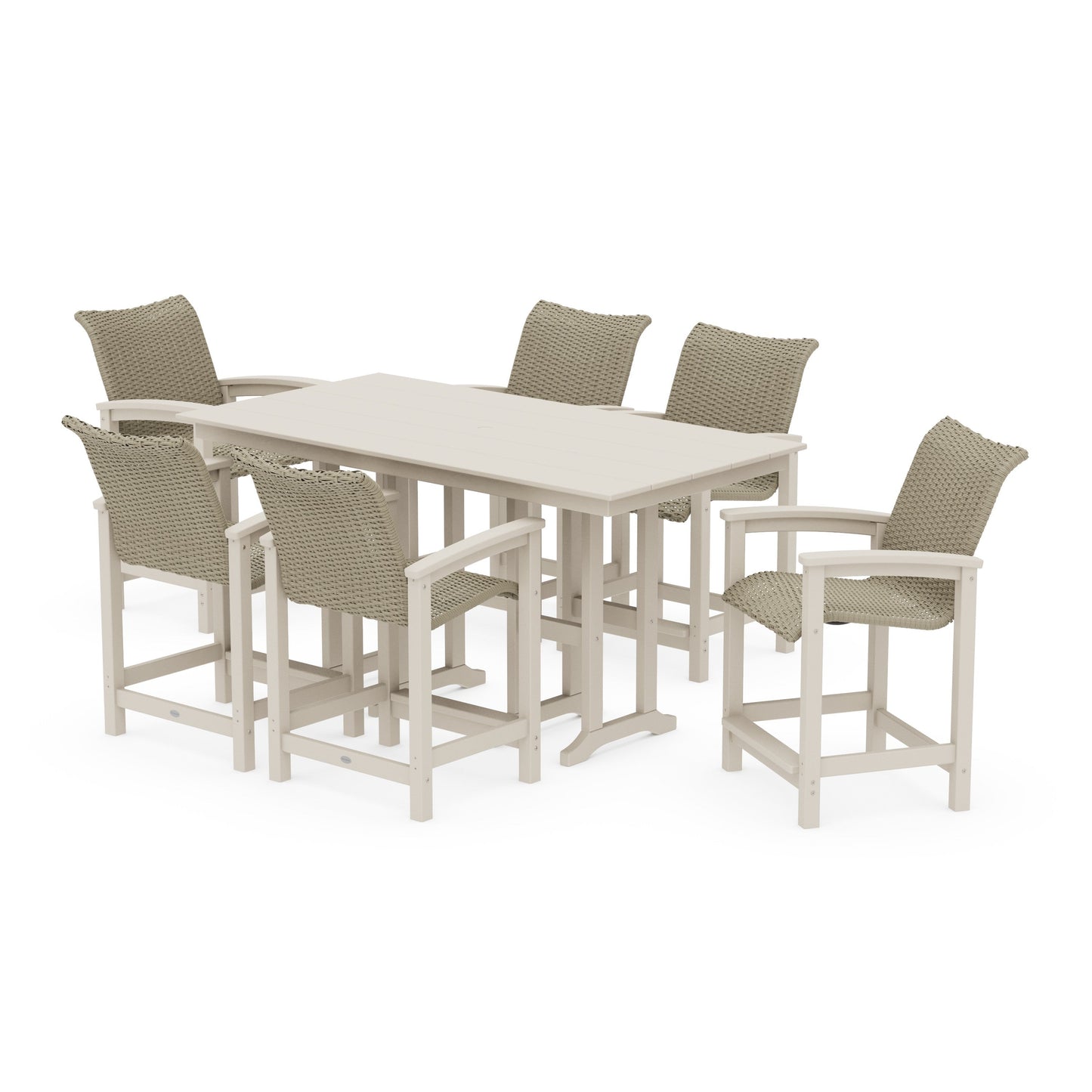 POLYWOOD Coastal Woven Arm Chair 7-Piece Farmhouse Counter Set — Sand / Dune Grass