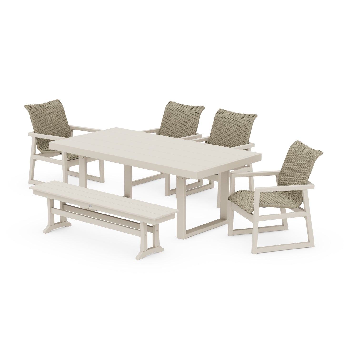 POLYWOOD EDGE Woven 6-Piece Dining Set with Bench — Sand / Dune Grass