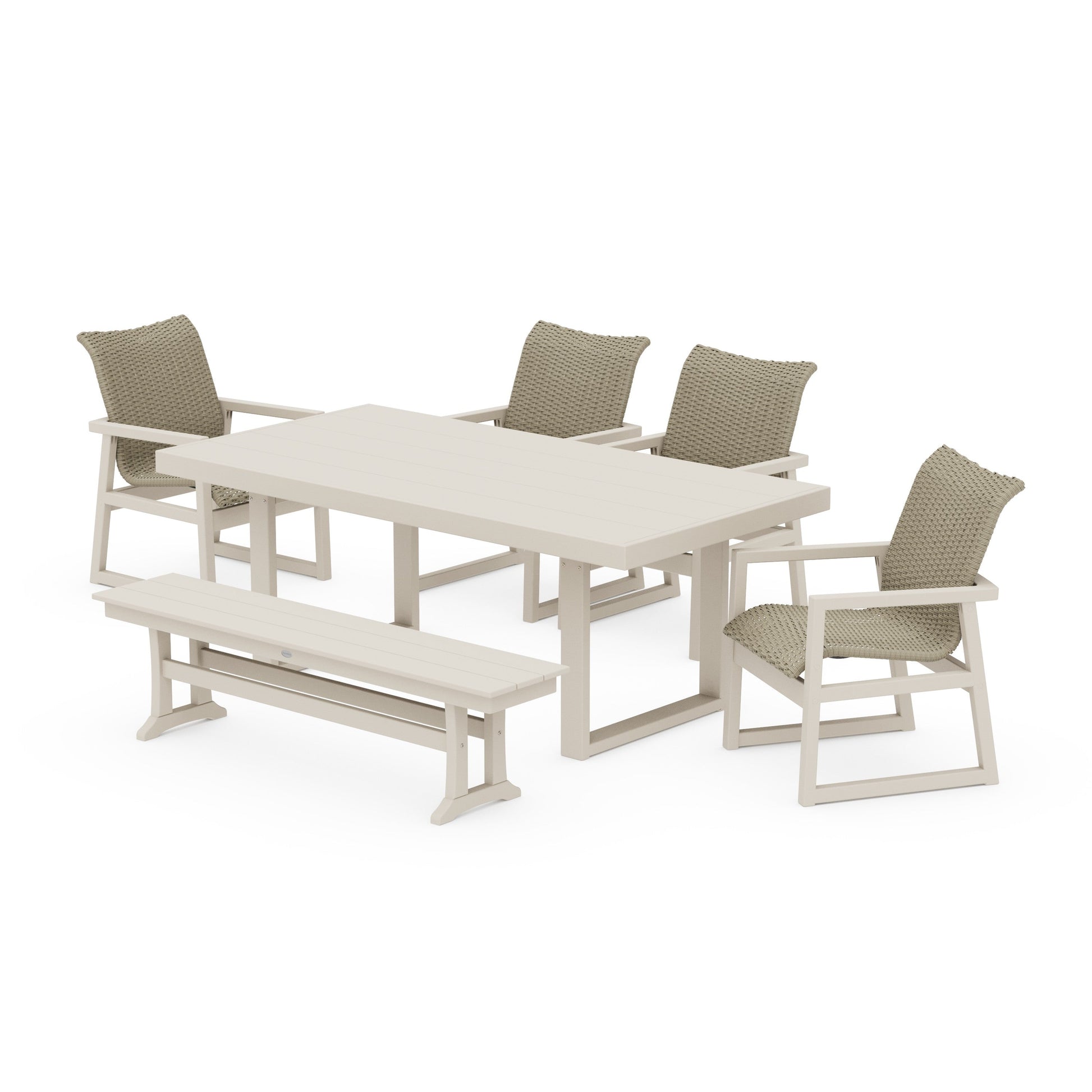 POLYWOOD EDGE Woven 6-Piece Dining Set with Bench — Sand / Dune Grass