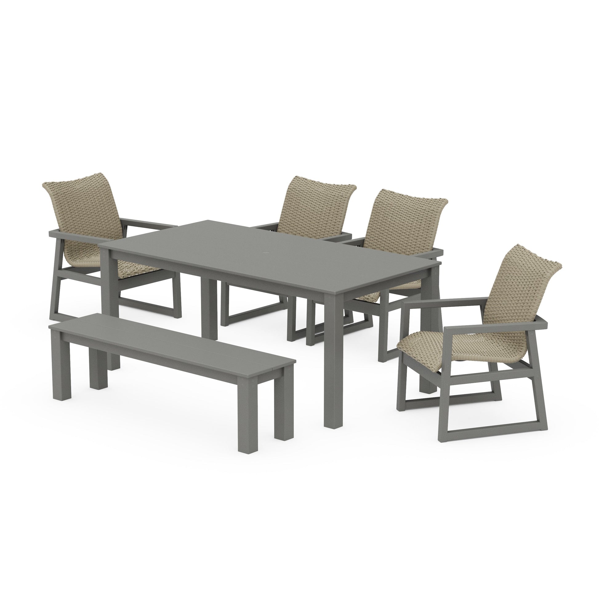 POLYWOOD EDGE Woven 6-Piece Parsons Dining Set with Bench — Slate Grey / Dune Grass