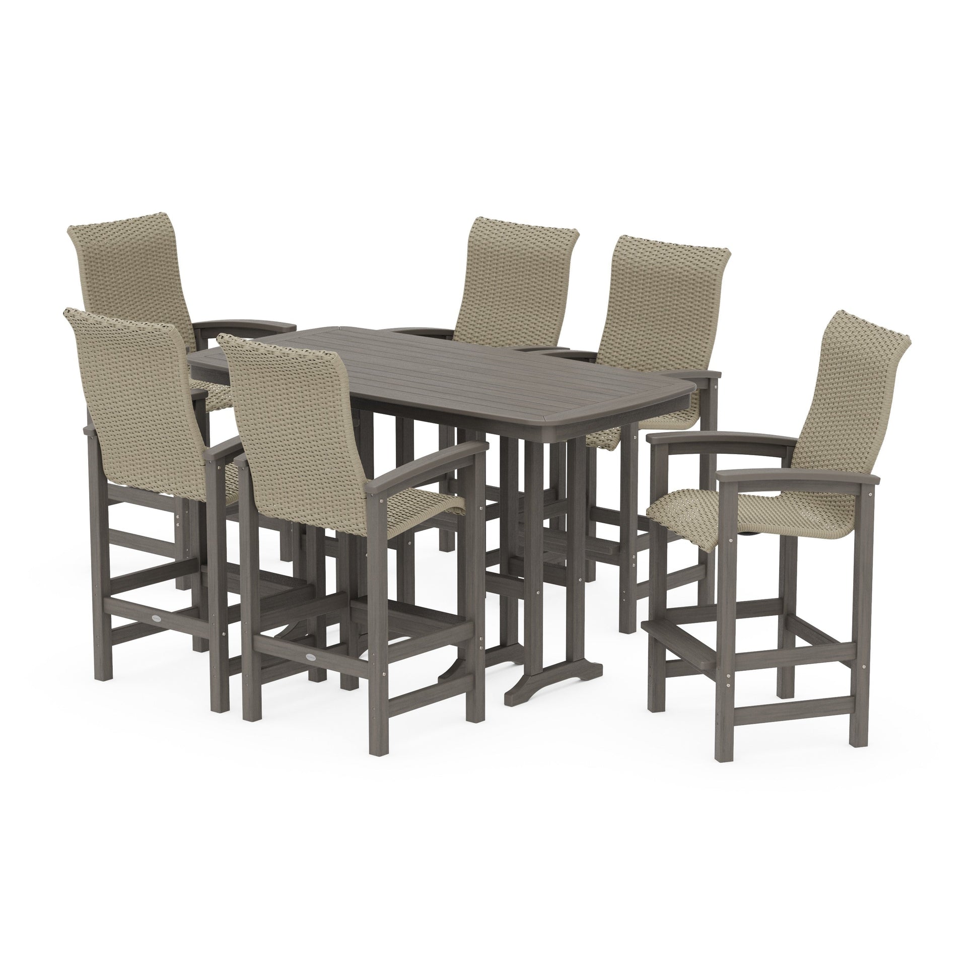 POLYWOOD Coastal Woven High-Back Arm Chair 7-Piece Bar Set — Driftwood / Dune Grass