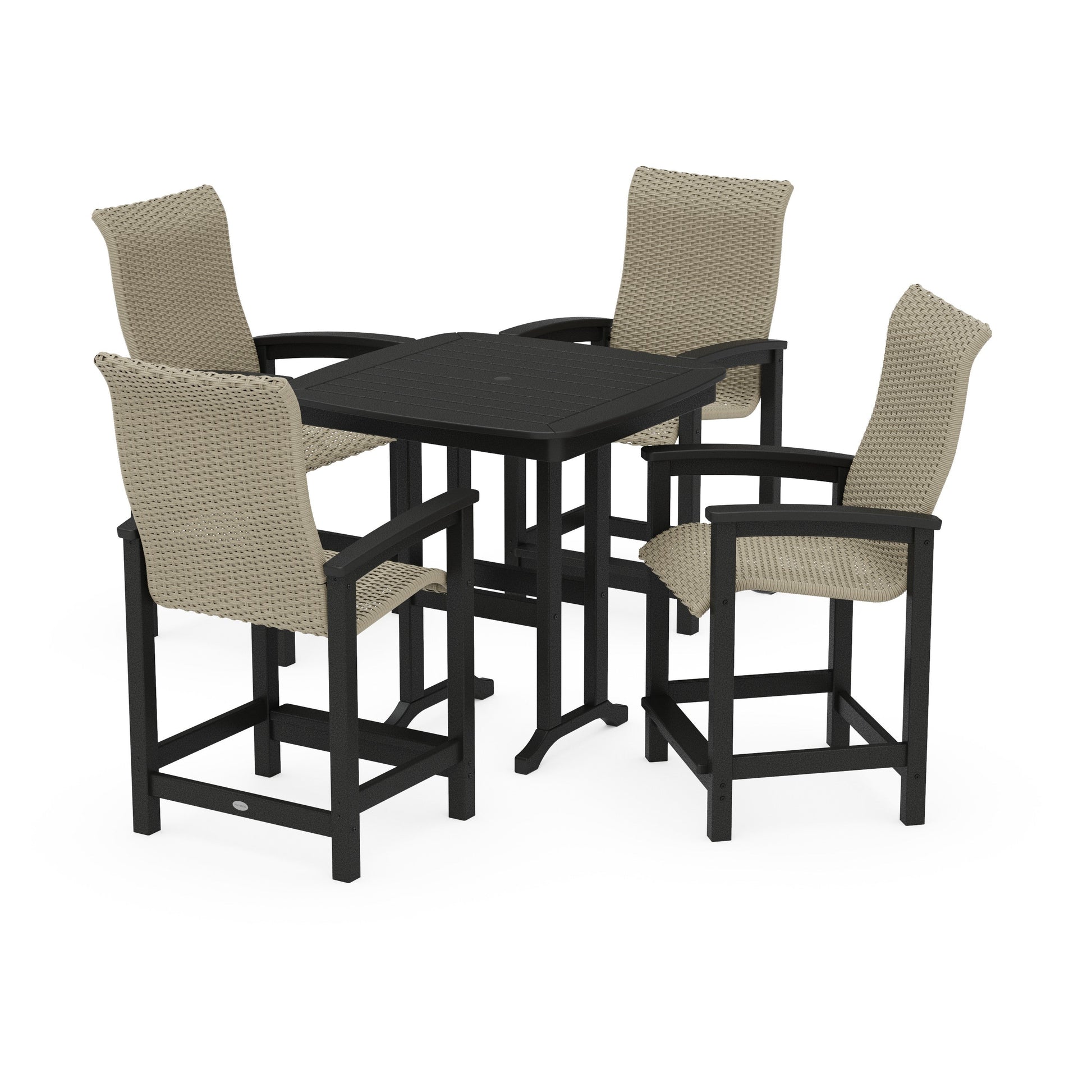 POLYWOOD Coastal Woven High-Back 5-Piece Counter Set — Black / Dune Grass