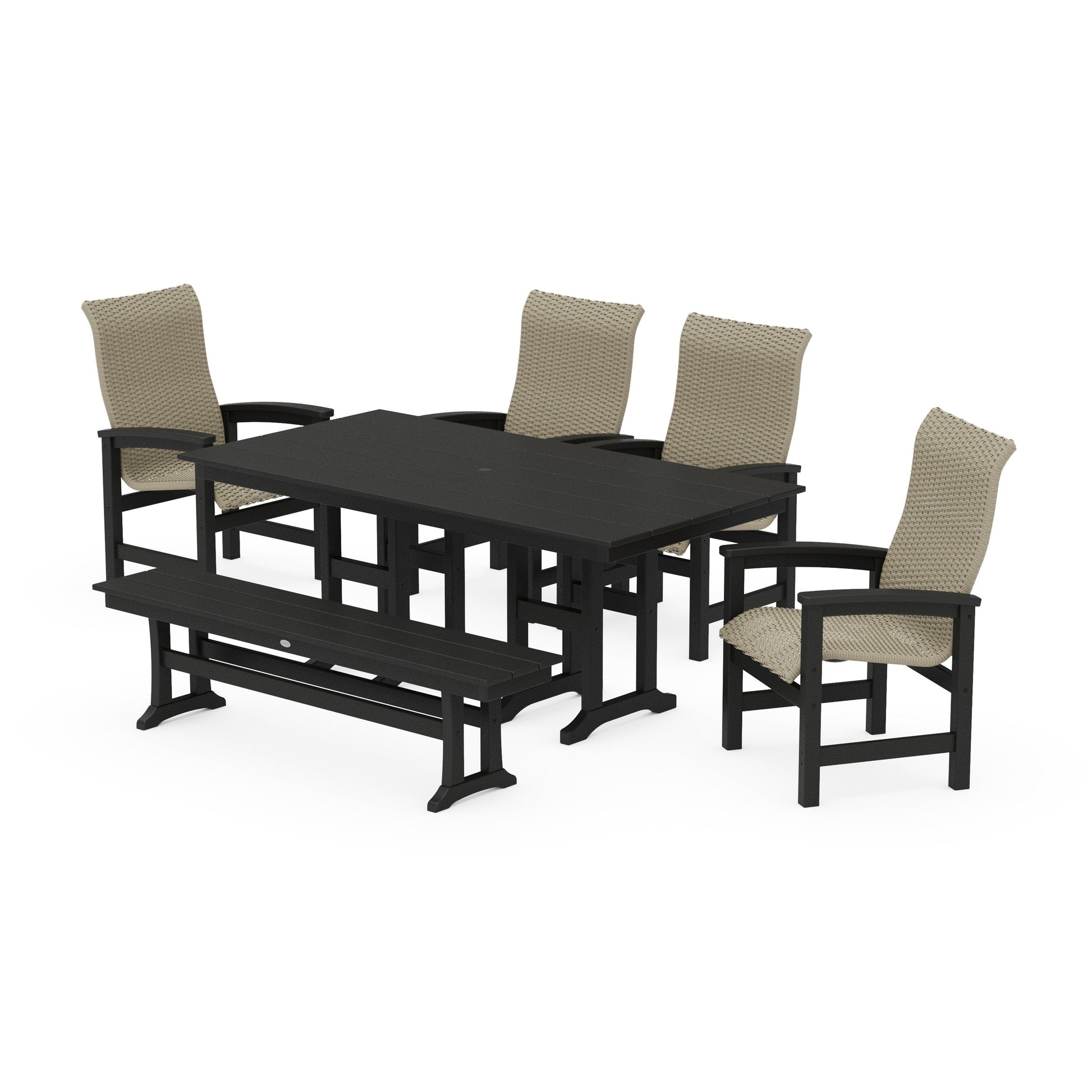 POLYWOOD Coastal Woven High-Back 6-Piece Farmhouse Dining Set with Bench — Black / Dune Grass