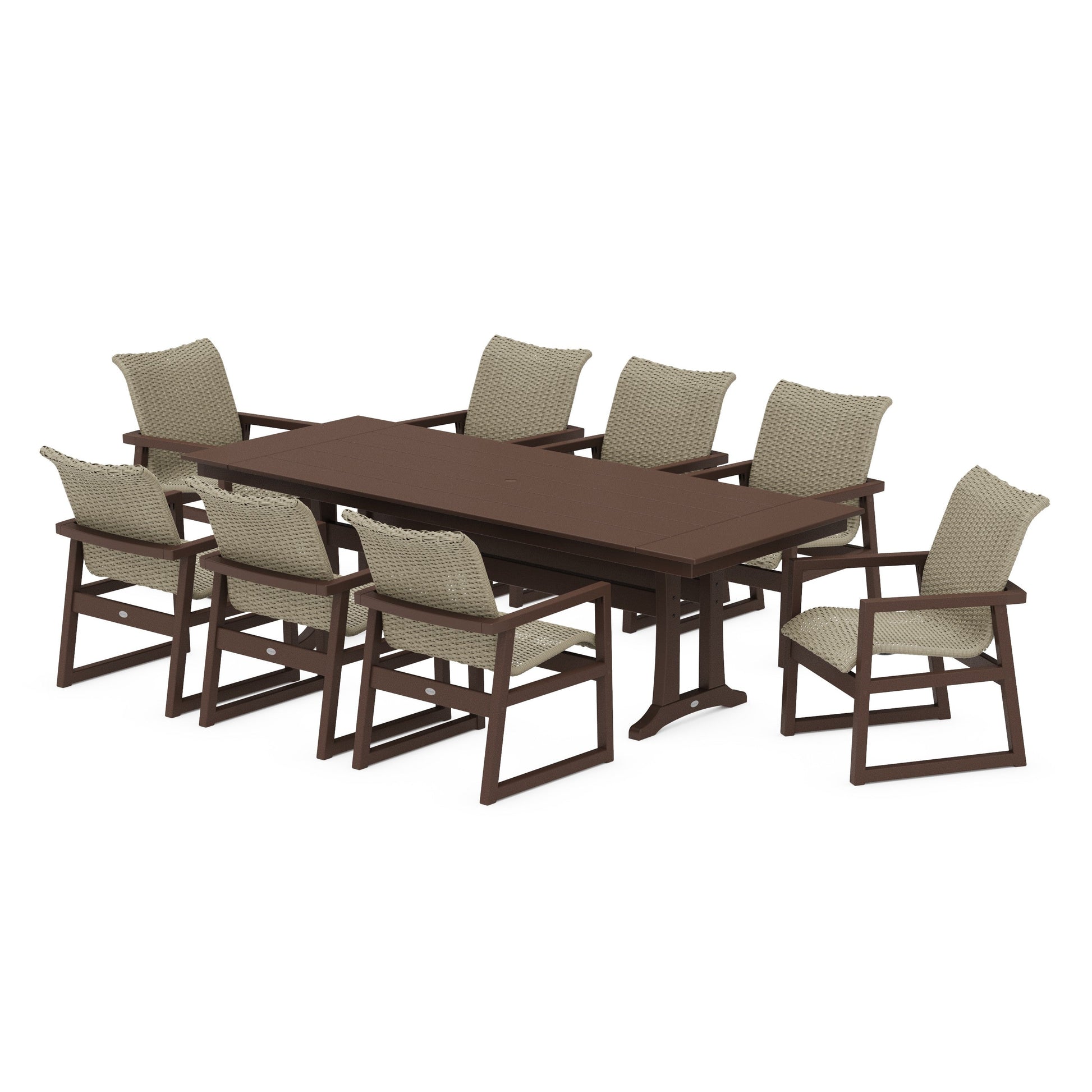 POLYWOOD EDGE Woven 9-Piece Farmhouse Dining Set with Trestle Legs — Mahogany / Dune Grass