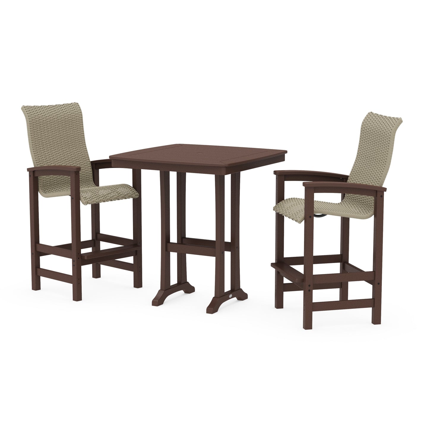 POLYWOOD Coastal Woven High-Back 3-Piece Bar Set — Mahogany / Dune Grass