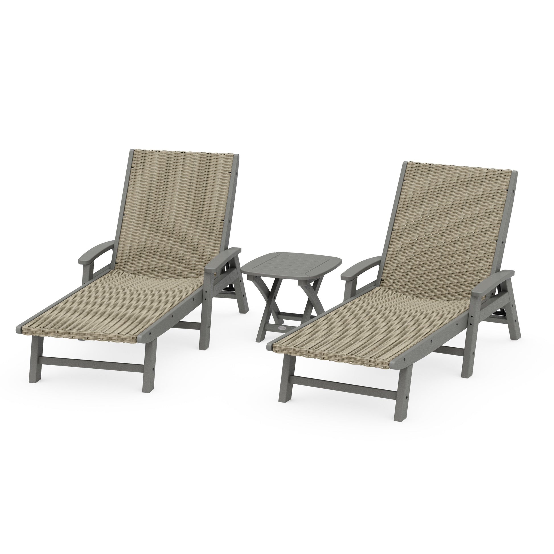 POLYWOOD 3 - Piece Coastal Woven Chaise with Arms Chaise Lounge Set — Slate Grey / Dune Grass