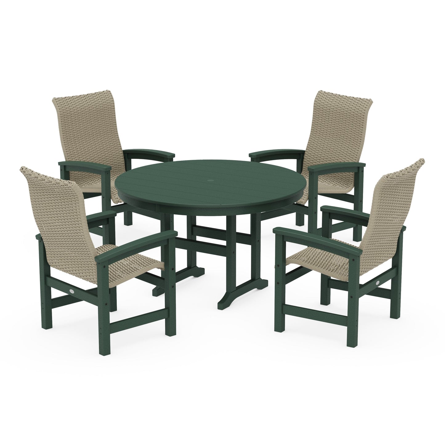 POLYWOOD Coastal Woven High-Back 5-Piece Round Farmhouse Dining Set — Green / Dune Grass