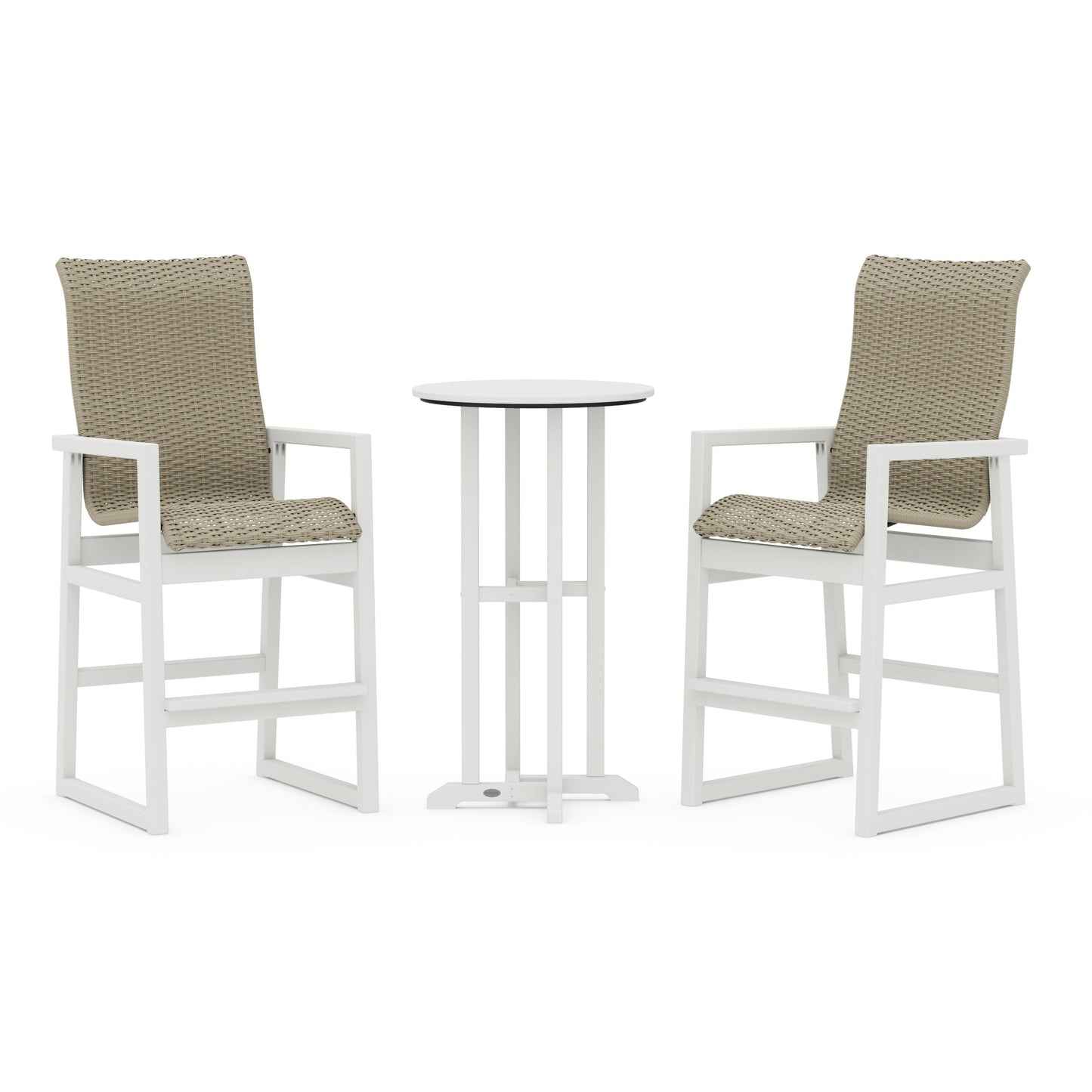 POLYWOOD EDGE Woven Highback 3-Piece Farmhouse Bar Set — White / Dune Grass