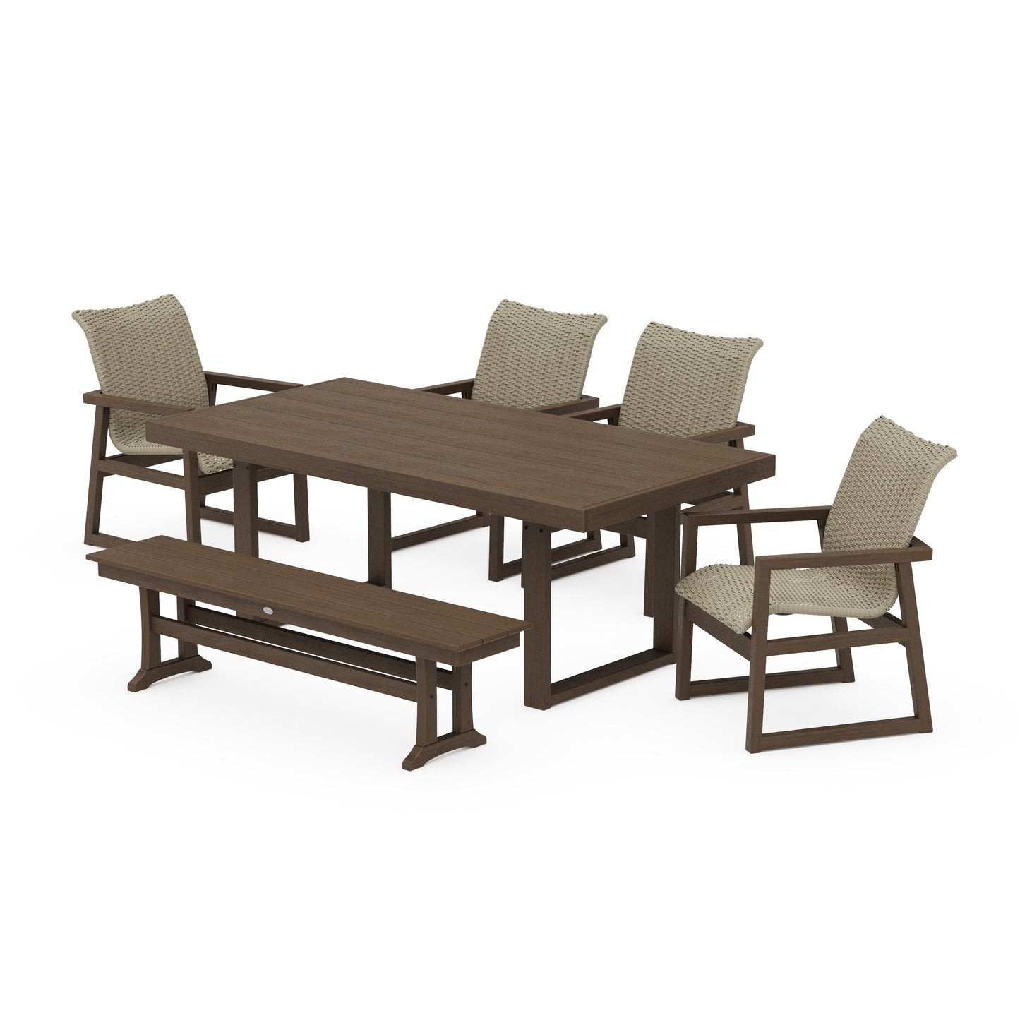 POLYWOOD EDGE Woven 6-Piece Dining Set with Bench — Kona / Dune Grass