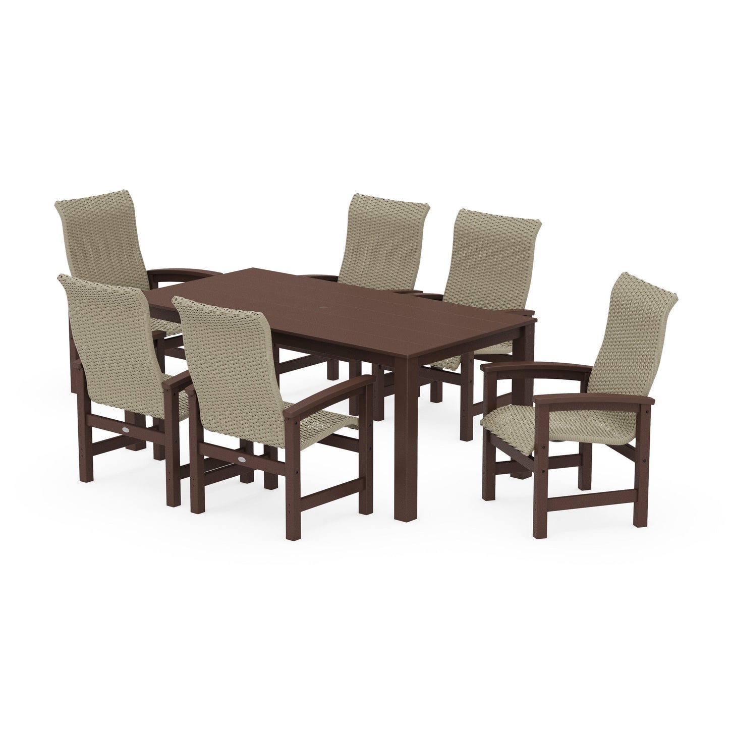 POLYWOOD Coastal Woven High-Back Arm Chair 7-Piece Parsons Dining Set — Mahogany / Dune Grass