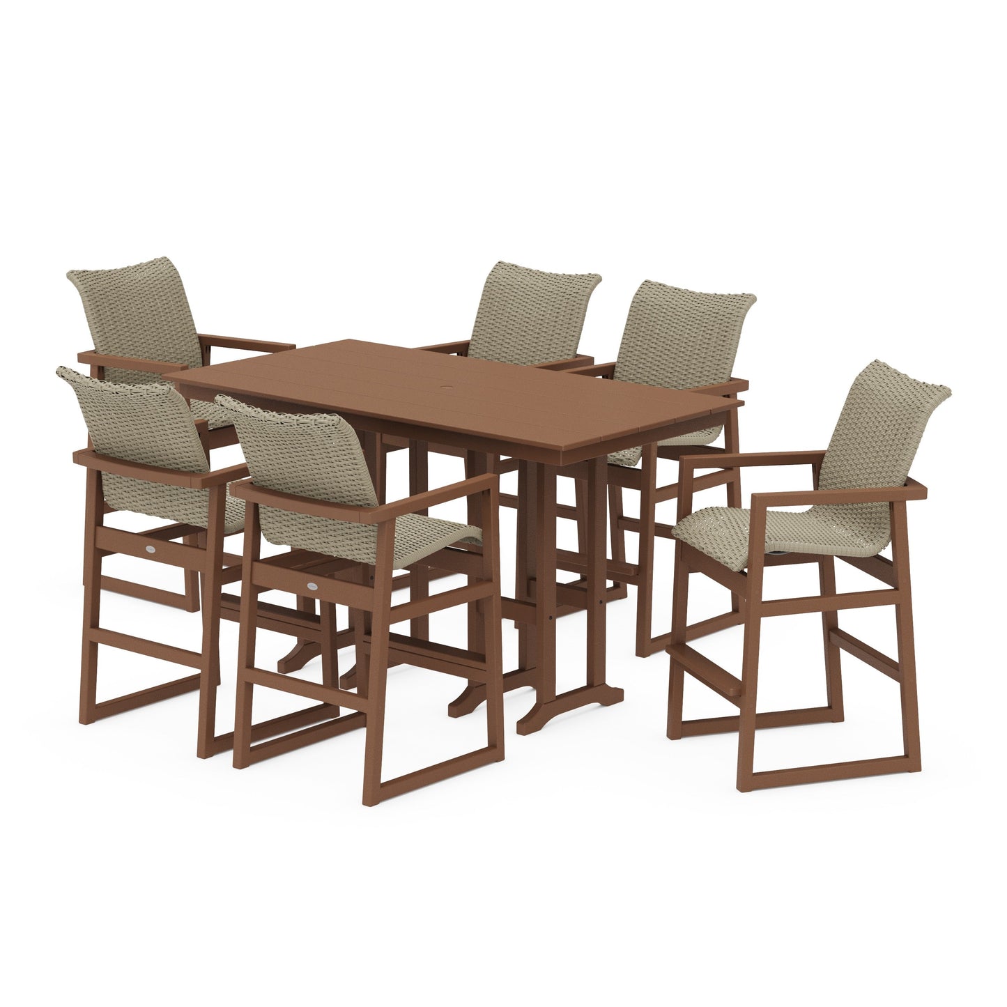 POLYWOOD EDGE Woven Arm Chair 7-Piece Farmhouse Bar Set — Teak / Dune Grass