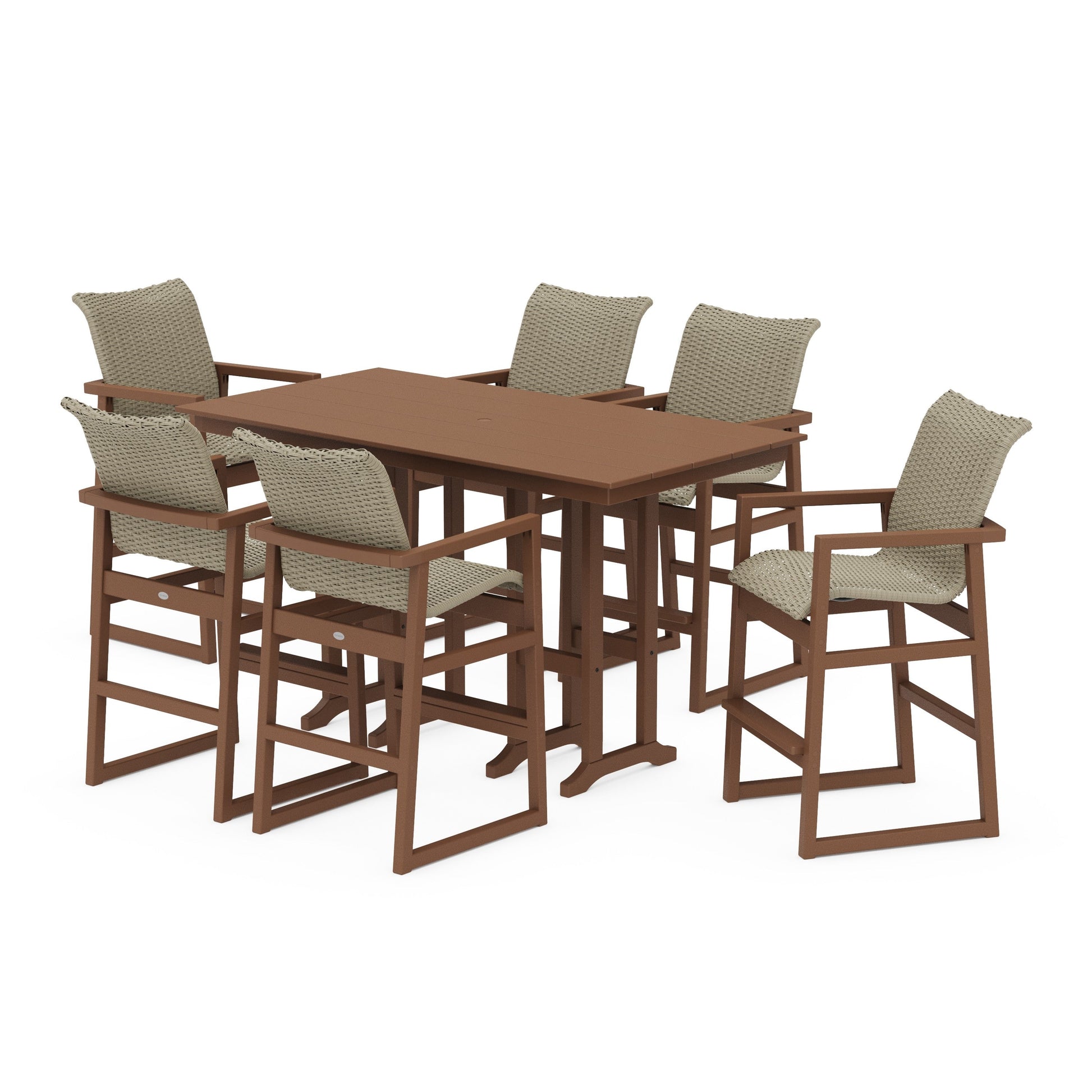 POLYWOOD EDGE Woven Arm Chair 7-Piece Farmhouse Bar Set — Teak / Dune Grass