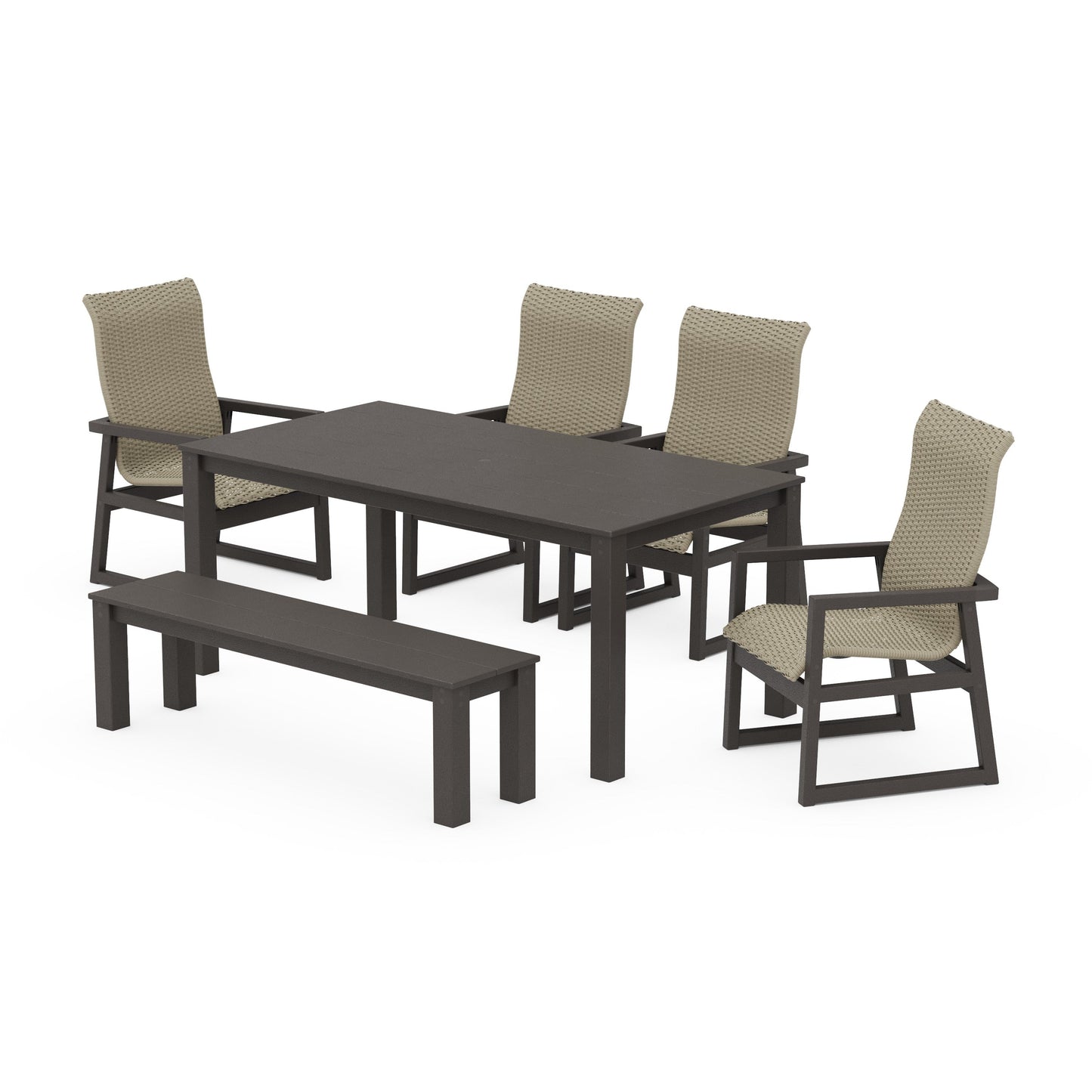 POLYWOOD EDGE Woven Highback 6-Piece Parsons Dining Set with Bench — Vintage Coffee / Dune Grass