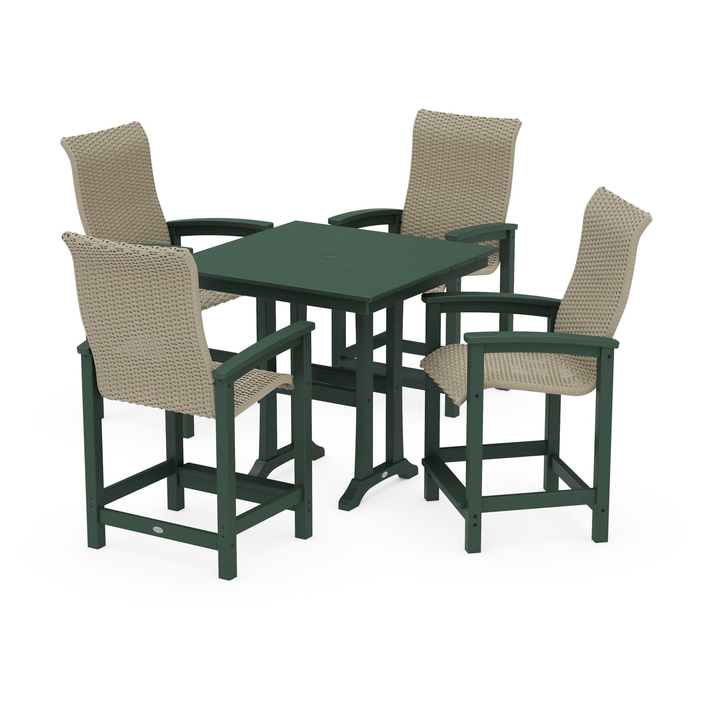 POLYWOOD Coastal Woven High-Back 5-Piece Farmhouse Counter Set with Trestle Legs — Green / Dune Grass