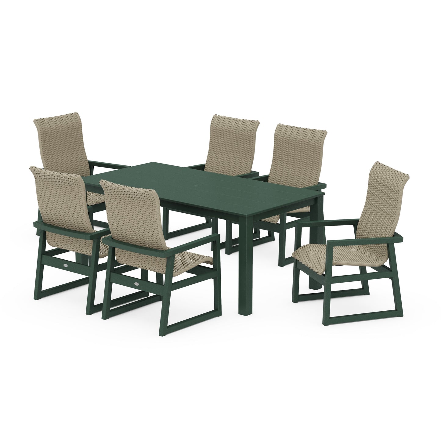POLYWOOD EDGE Woven Highback Arm Chair 7-Piece Parsons Dining Set — Green / Dune Grass