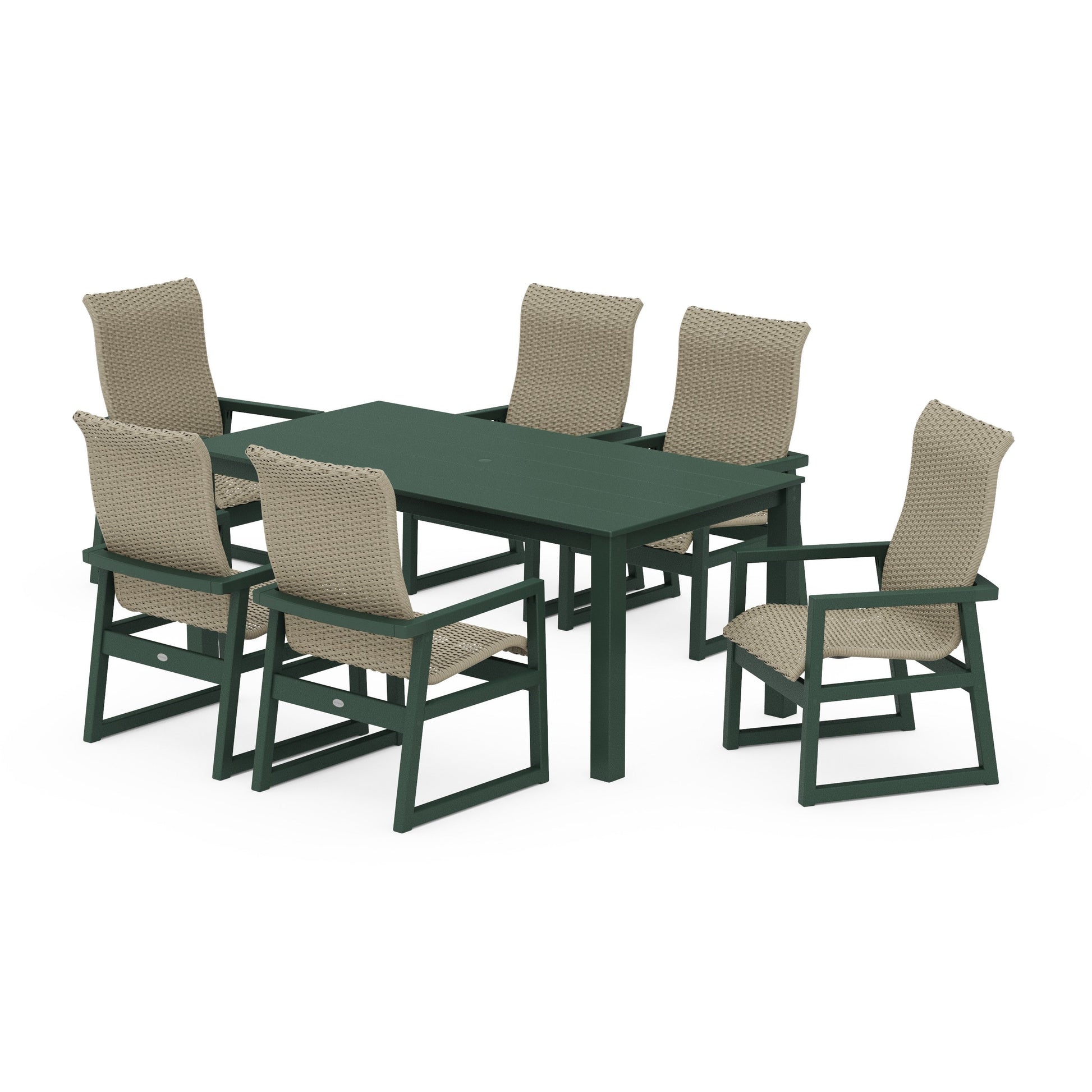 POLYWOOD EDGE Woven Highback Arm Chair 7-Piece Parsons Dining Set — Green / Dune Grass