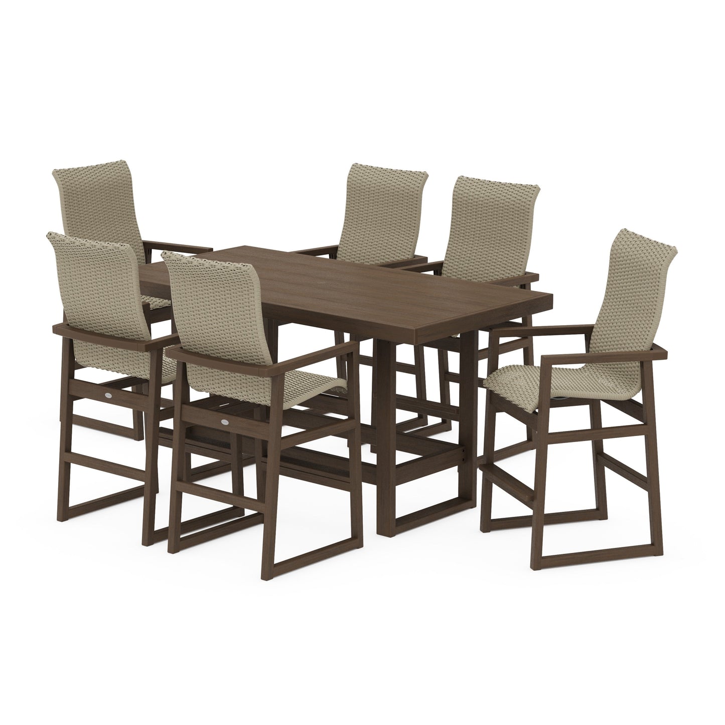 POLYWOOD EDGE Woven Highback Arm Chair 7-Piece Bar Set — Kona / Dune Grass