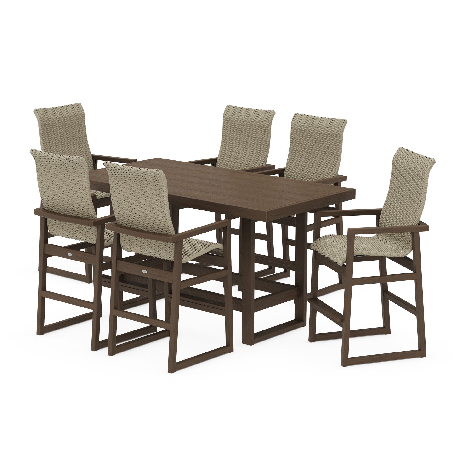 POLYWOOD EDGE Woven Highback Arm Chair 7-Piece Bar Set — Kona / Dune Grass