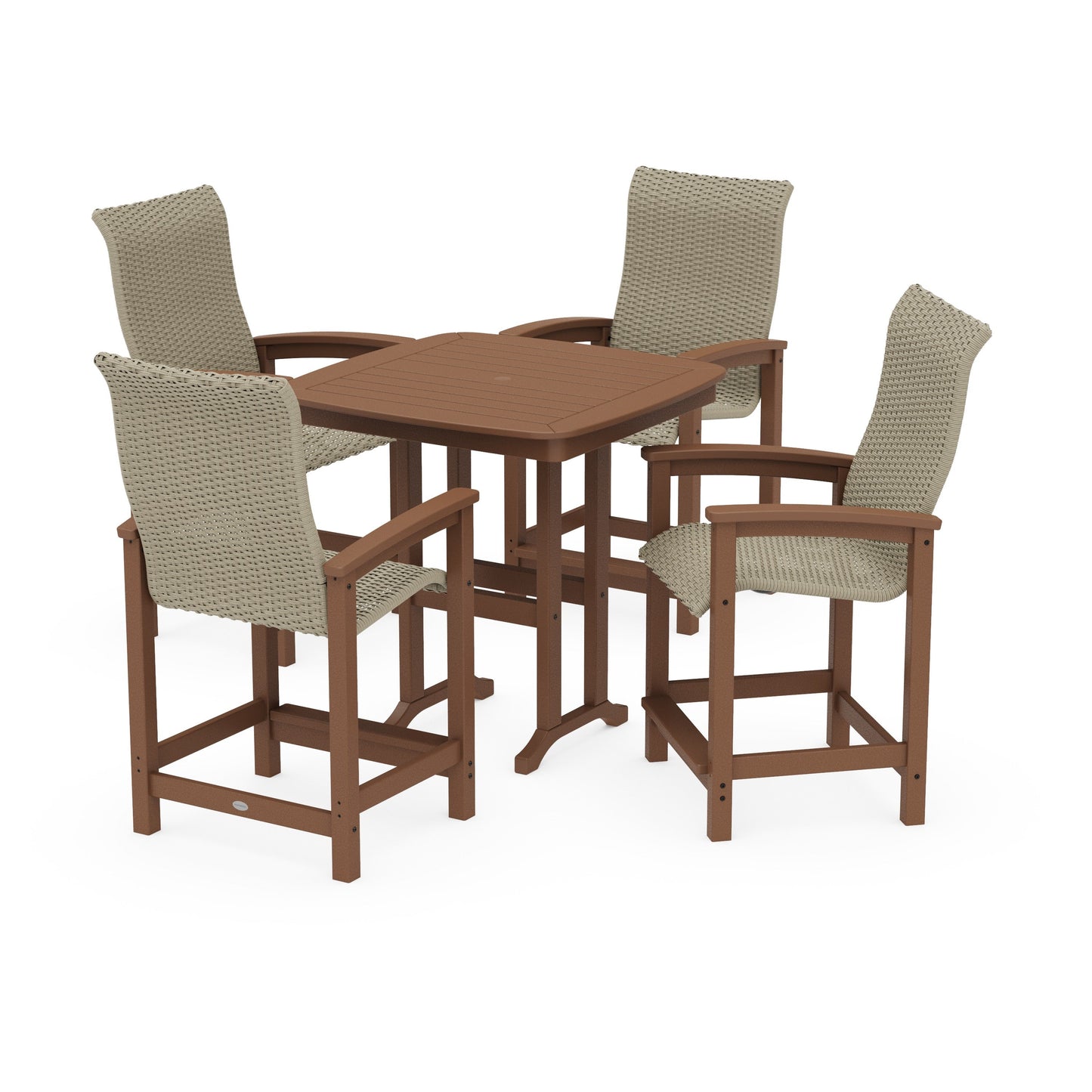 POLYWOOD Coastal Woven High-Back 5-Piece Counter Set — Teak / Dune Grass