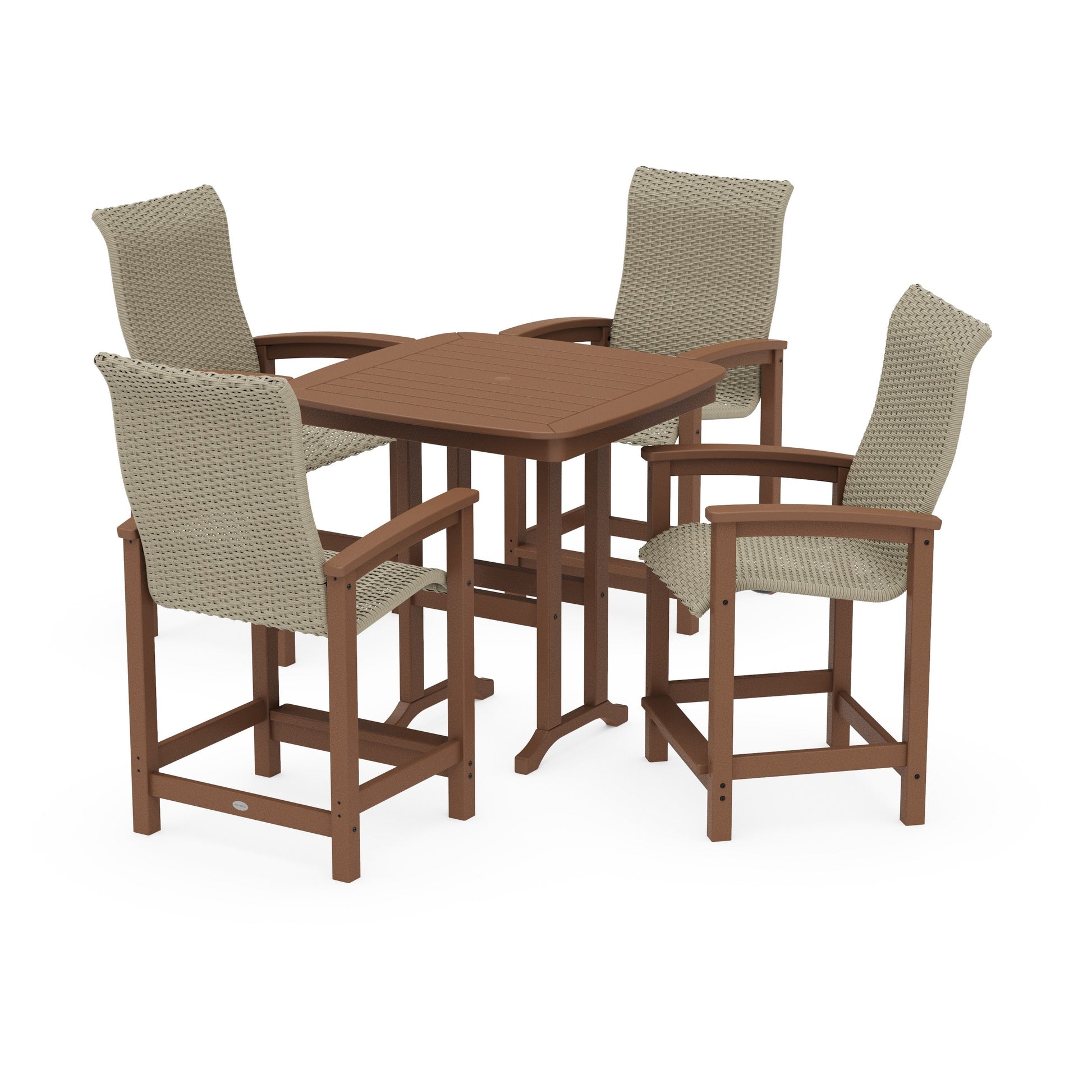 POLYWOOD Coastal Woven High-Back 5-Piece Counter Set — Teak / Dune Grass