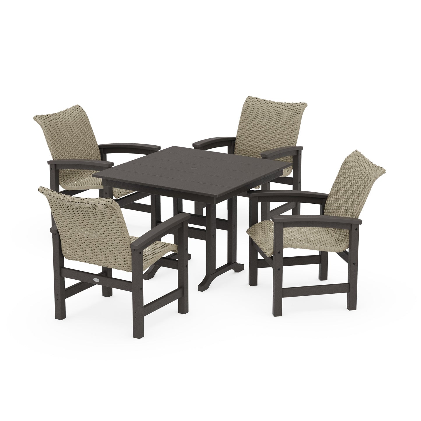 POLYWOOD Coastal Woven 5-Piece Farmhouse Dining Set — Vintage Coffee / Dune Grass